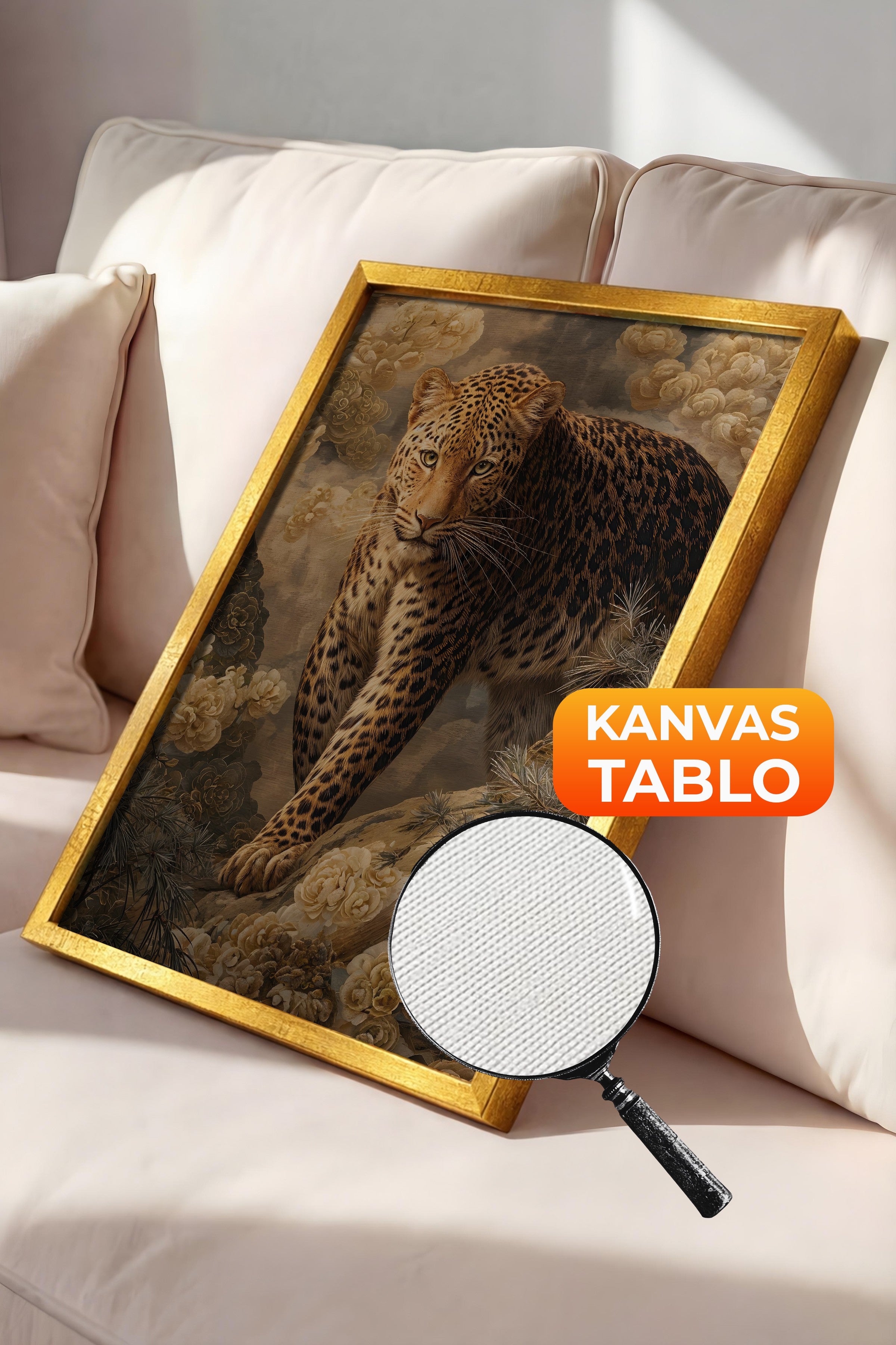 Duvar Tablosu, Lüks Gold Çerçeveli Kanvas Tablo, Ritüel Serisi, Leopar Tablo, NO:115254