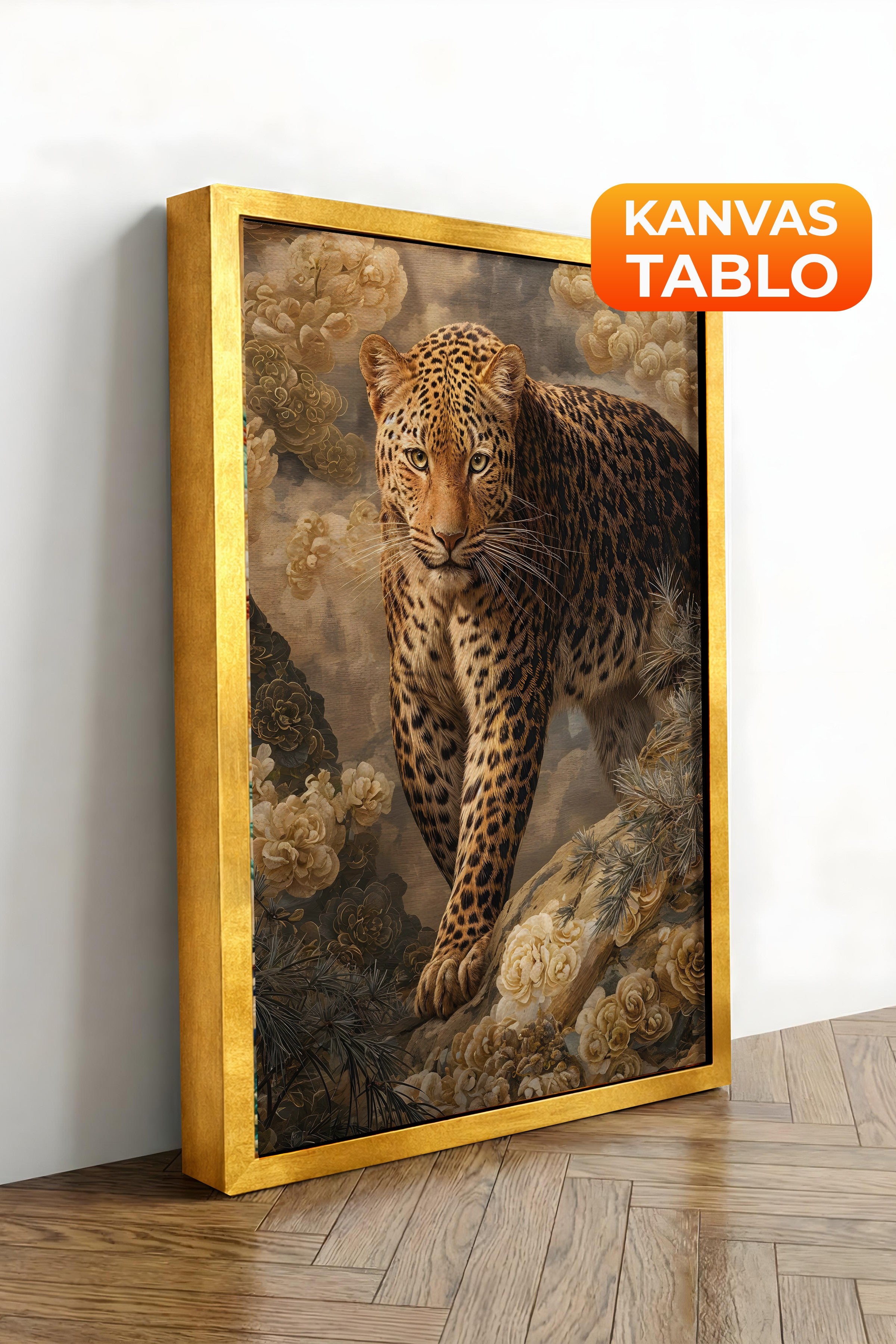 Duvar Tablosu, Lüks Gold Çerçeveli Kanvas Tablo, Ritüel Serisi, Leopar Tablo, NO:115254