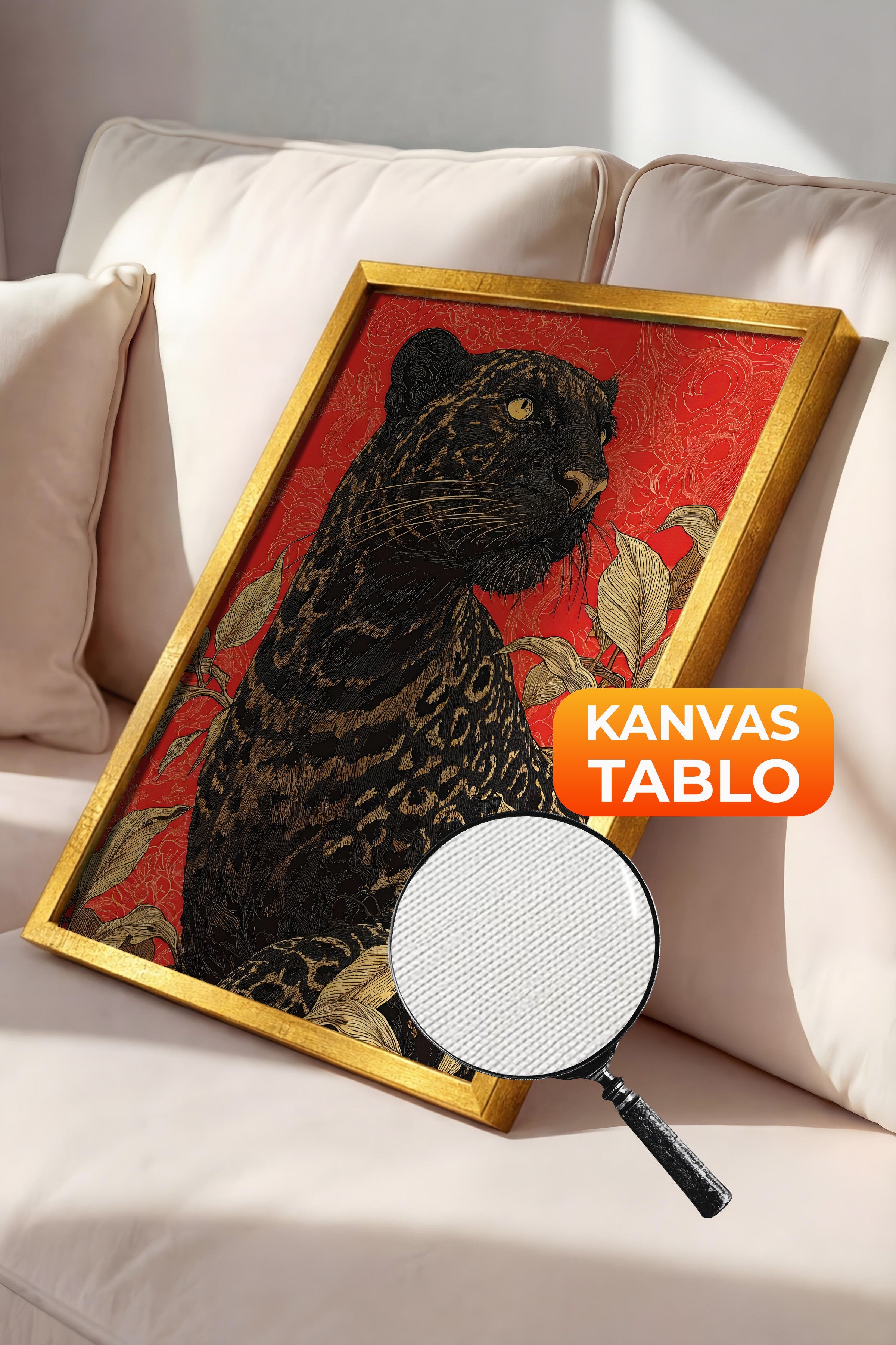 Duvar Tablosu, Lüks Gold Çerçeveli Kanvas Tablo, Ritüel Serisi, Leopar Tablo, NO:115265
