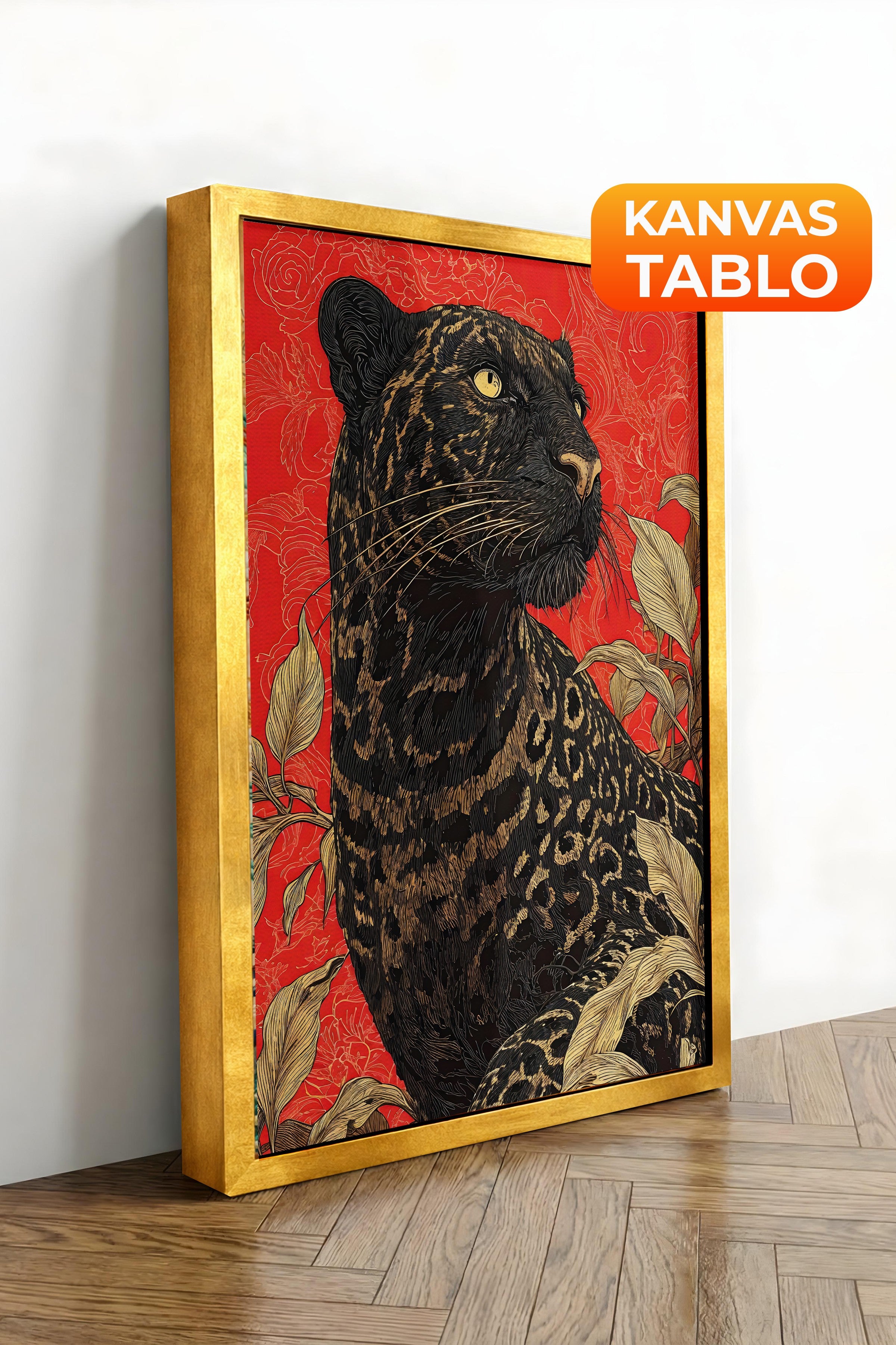 Duvar Tablosu, Lüks Gold Çerçeveli Kanvas Tablo, Ritüel Serisi, Leopar Tablo, NO:115265