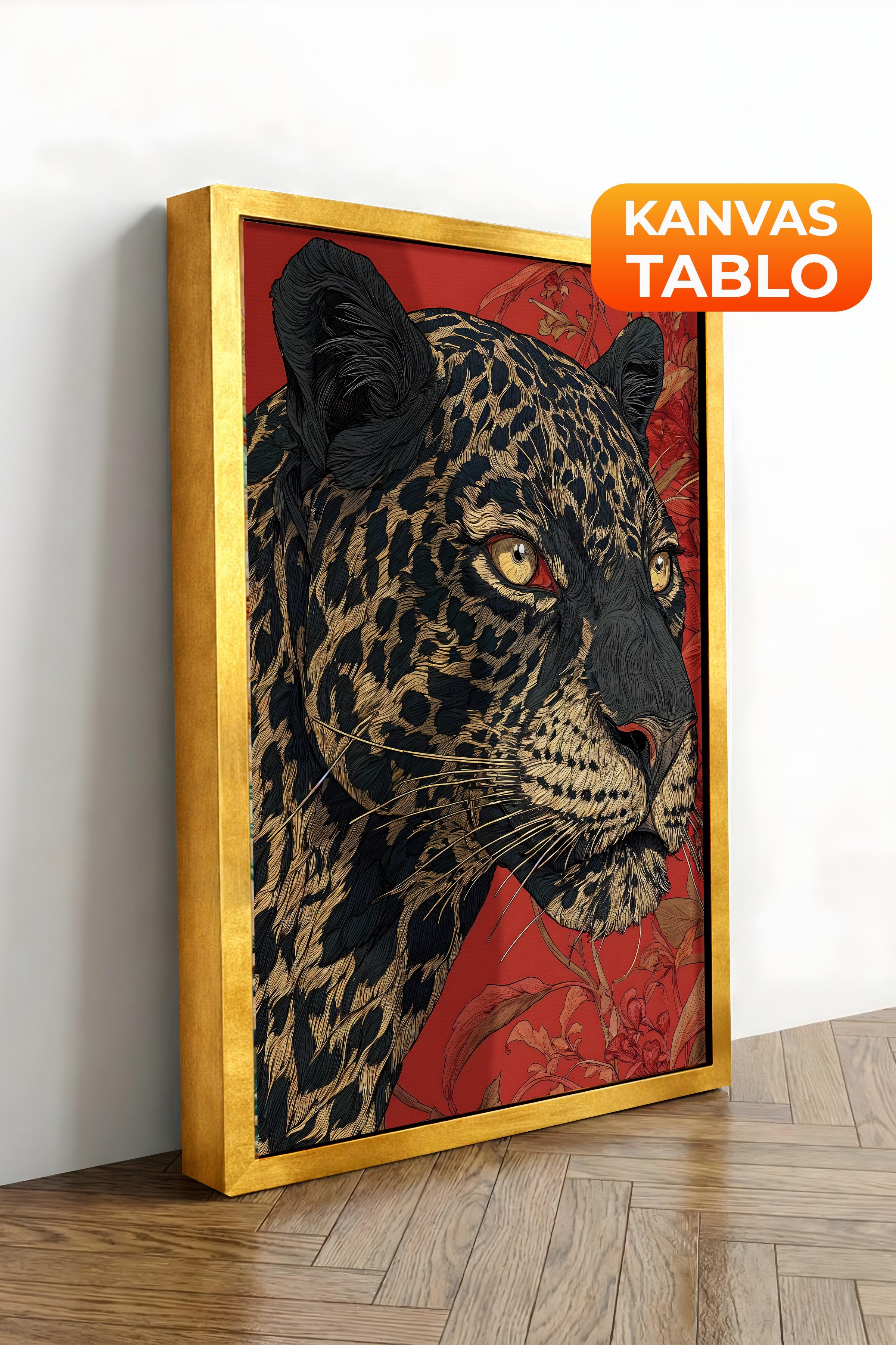 Duvar Tablosu, Lüks Gold Çerçeveli Kanvas Tablo, Ritüel Serisi, Leopar Tablo, NO:115268