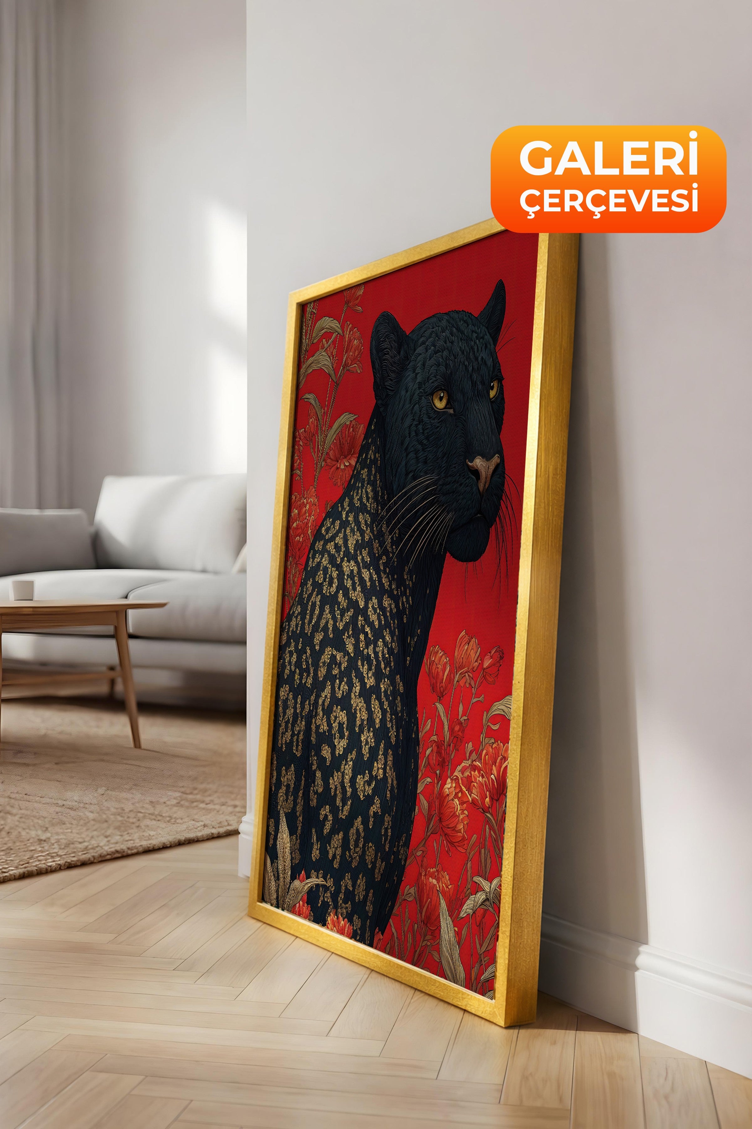 Duvar Tablosu, Lüks Gold Çerçeveli Kanvas Tablo, Ritüel Serisi, Leopar Tablo, NO:115269
