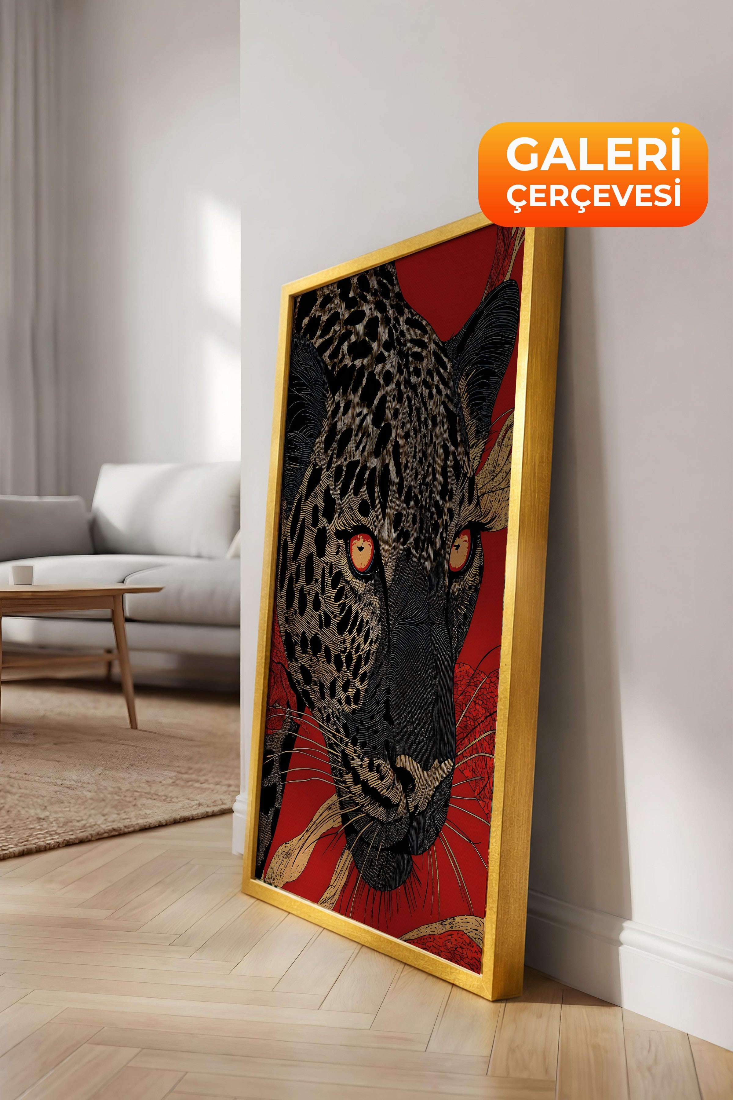 Duvar Tablosu, Lüks Gold Çerçeveli Kanvas Tablo, Ritüel Serisi, Leopar Tablo, NO:115270