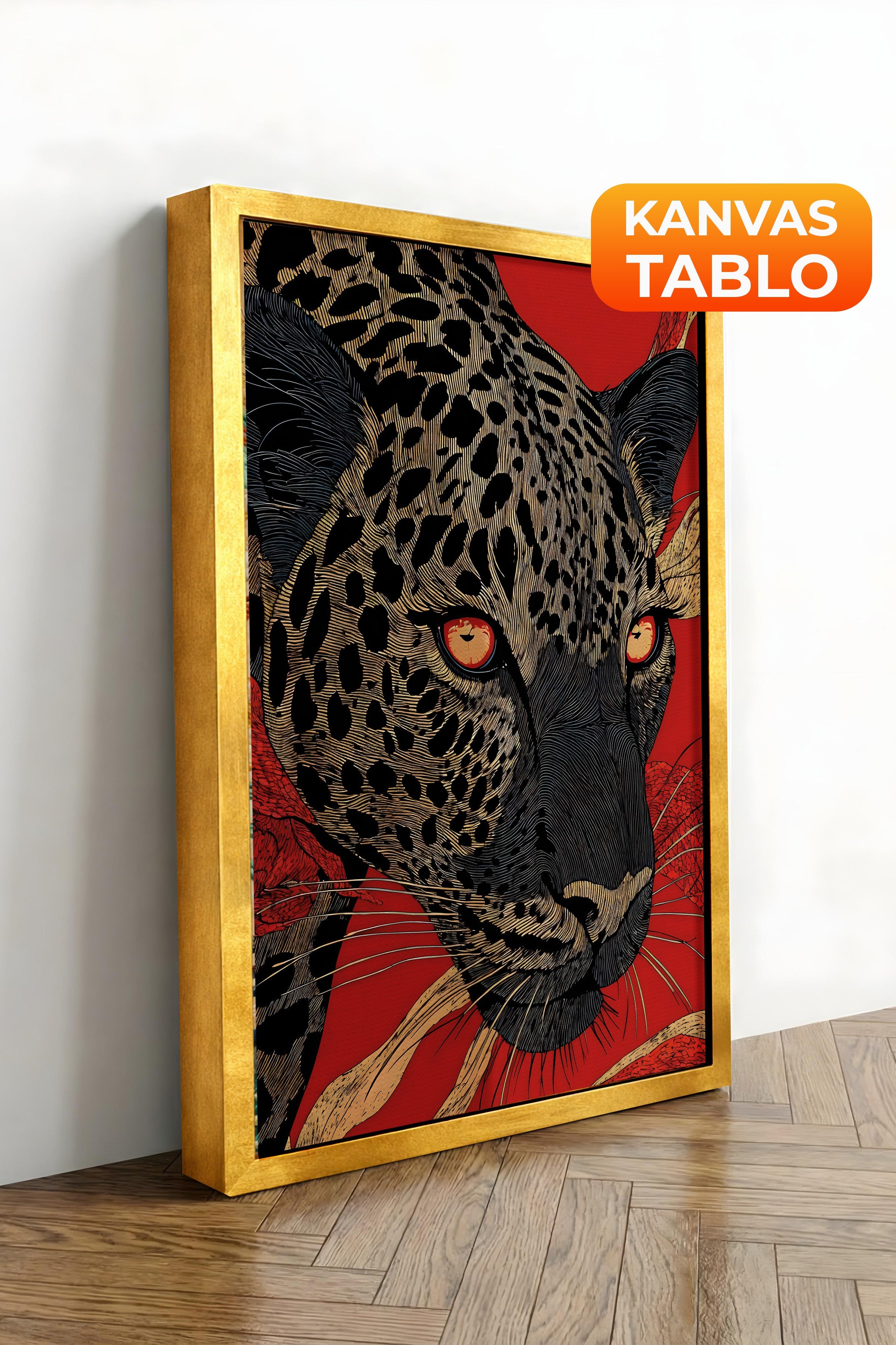 Duvar Tablosu, Lüks Gold Çerçeveli Kanvas Tablo, Ritüel Serisi, Leopar Tablo, NO:115270