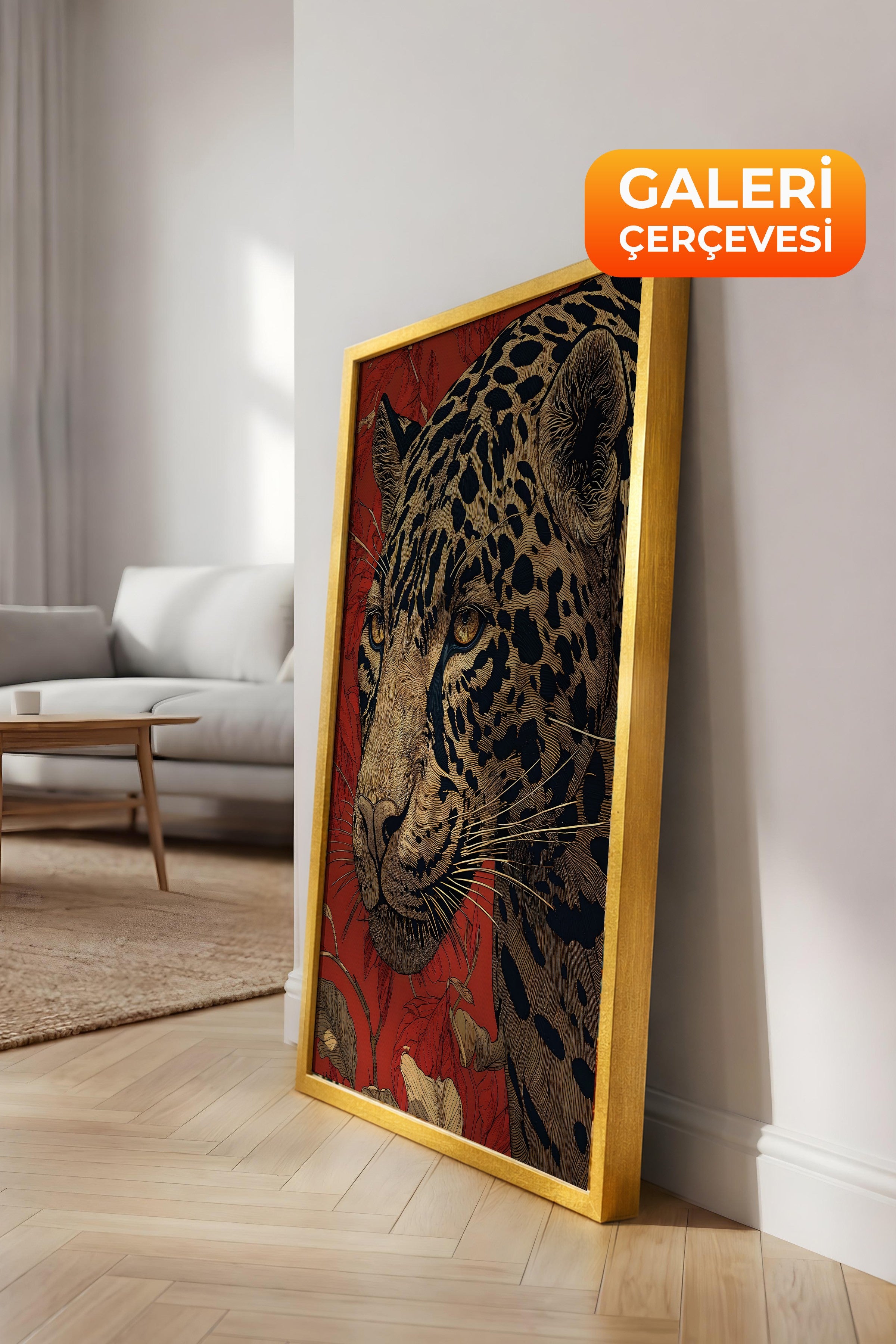 Duvar Tablosu, Lüks Gold Çerçeveli Kanvas Tablo, Ritüel Serisi, Leopar Tablo, NO:115273