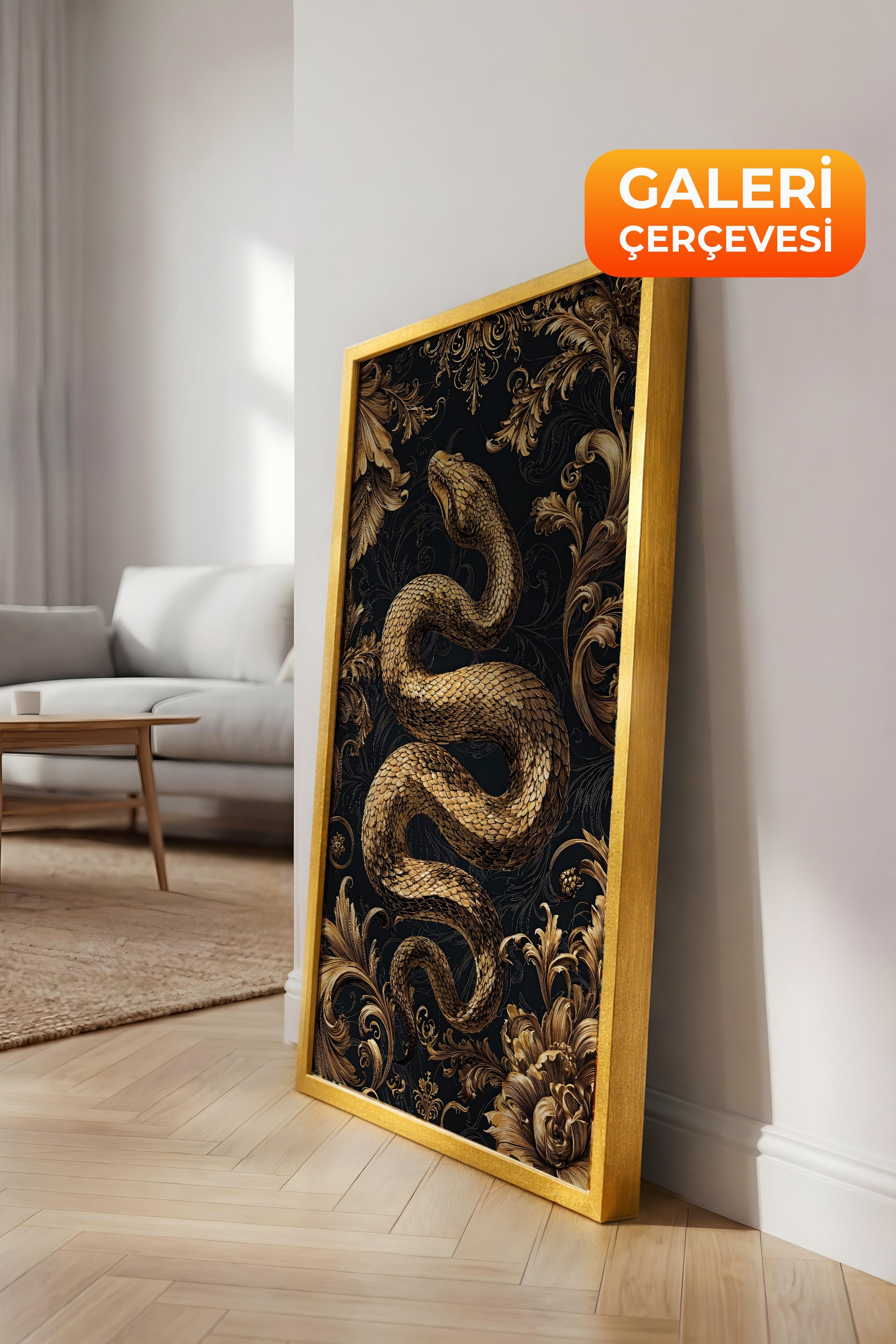 Duvar Tablosu, Lüks Gold Çerçeveli Kanvas Tablo, Ritüel Serisi, Yılan Tablo, NO:115249