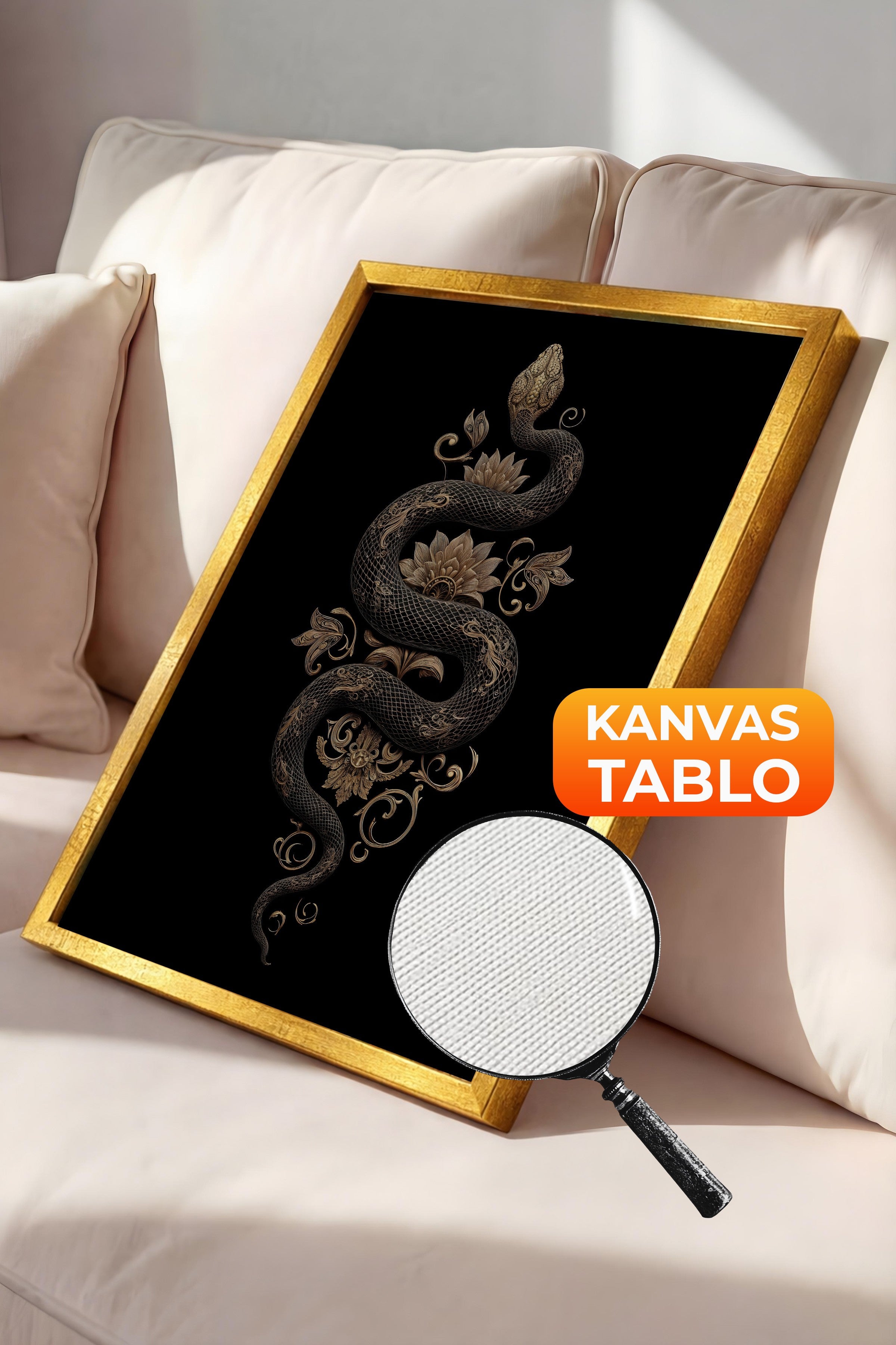 Duvar Tablosu, Lüks Gold Çerçeveli Kanvas Tablo, Ritüel Serisi, Yılan Tablo, NO:115259