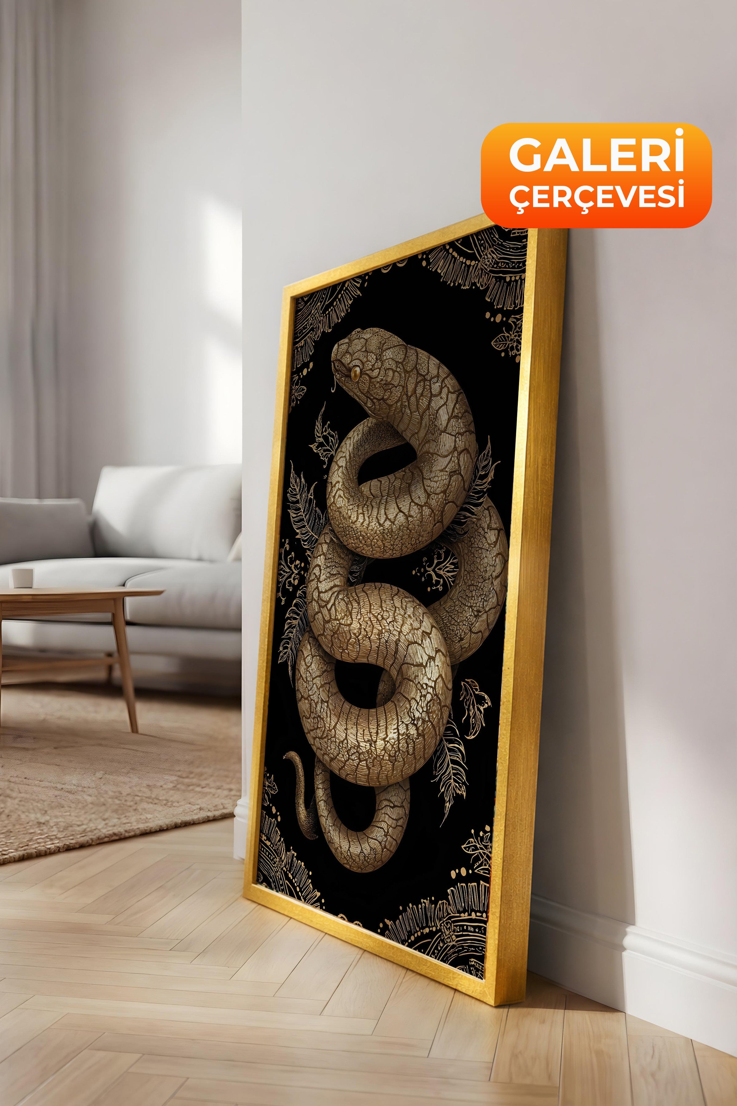 Duvar Tablosu, Lüks Gold Çerçeveli Kanvas Tablo, Ritüel Serisi, Yılan Tablo, NO:115271