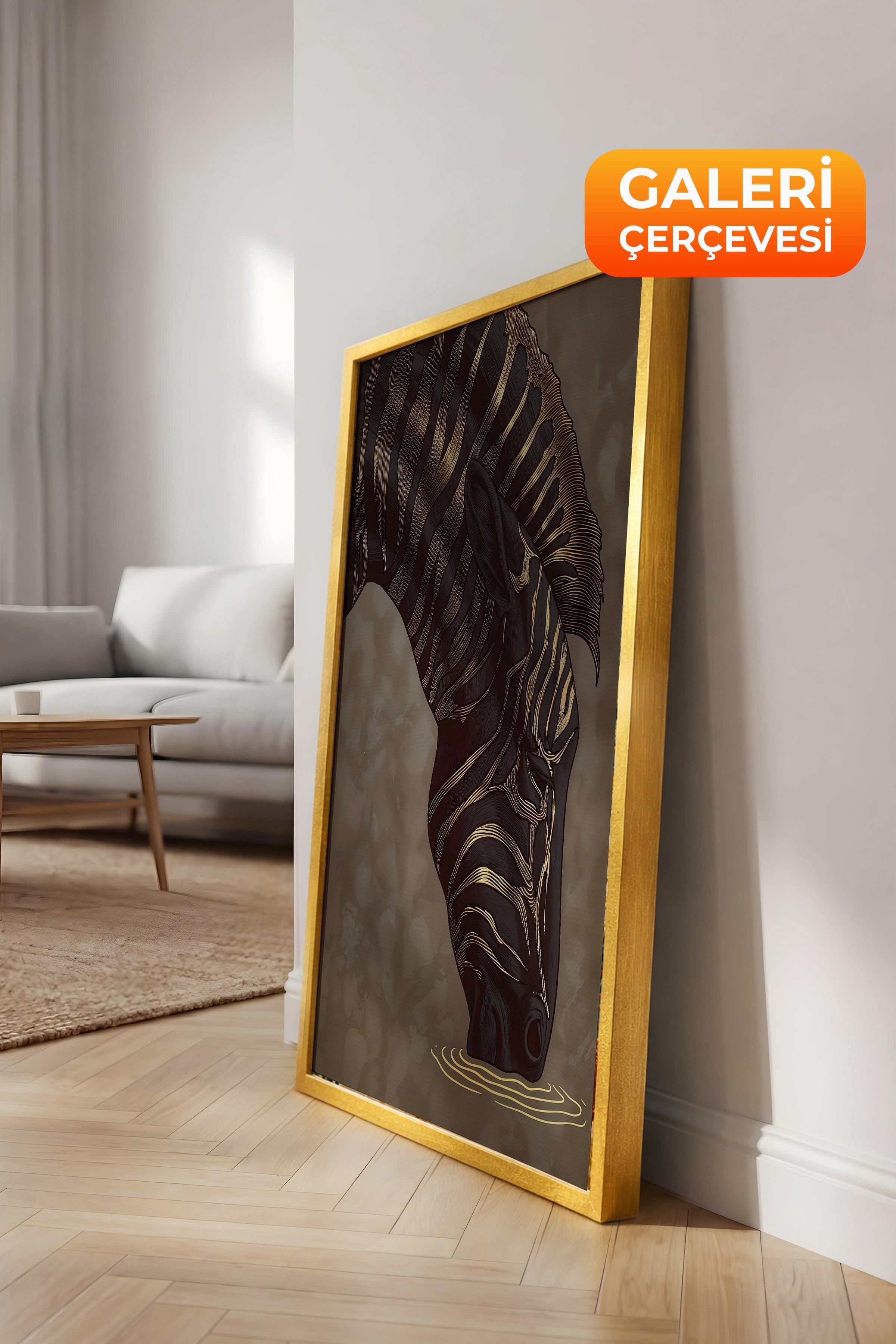 Duvar Tablosu, Lüks Gold Çerçeveli Kanvas Tablo, Ritüel Serisi, Zürafa Tablo, NO:115257