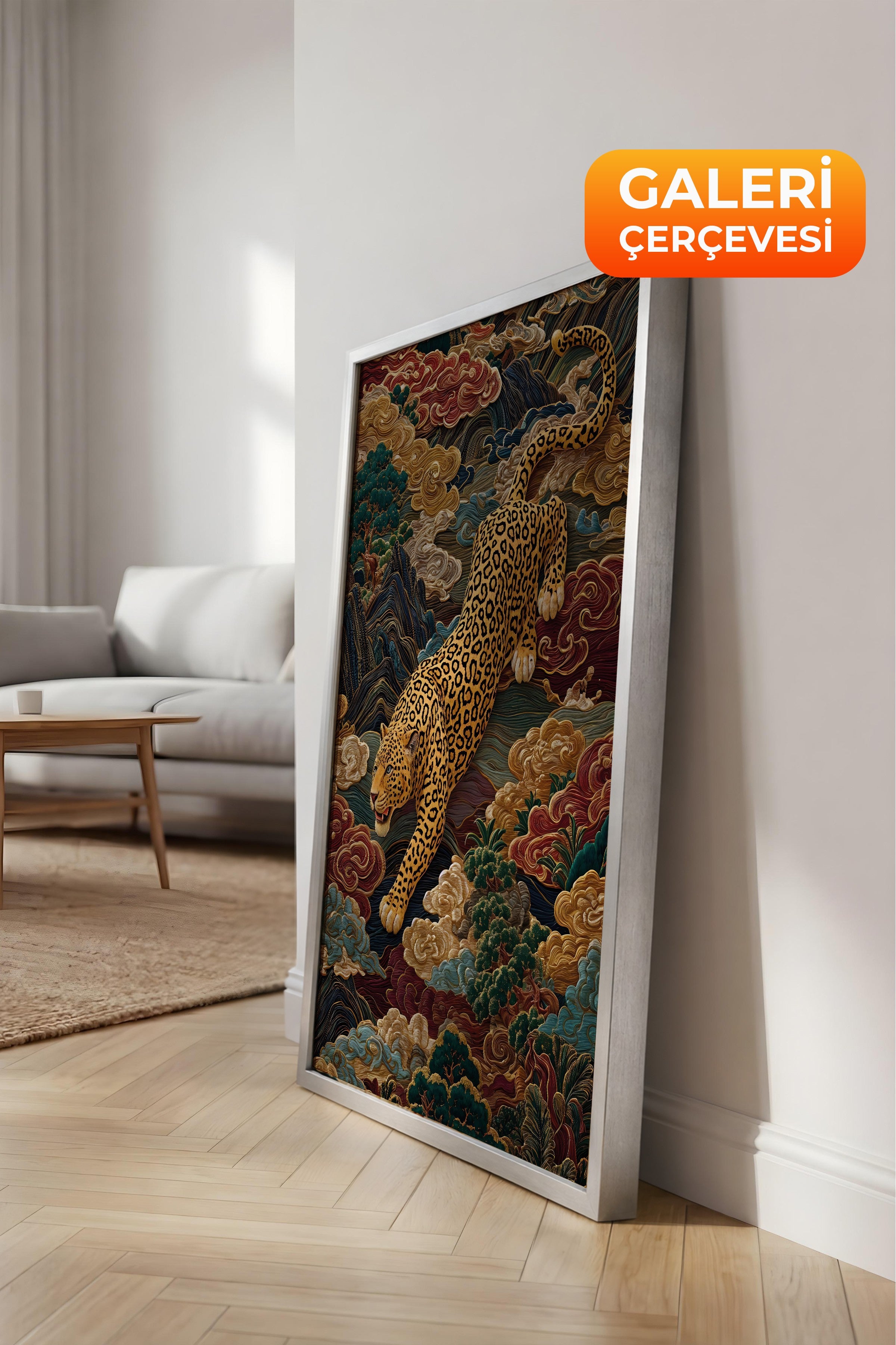 Duvar Tablosu, Lüks Gümüş Çerçeveli Kanvas Tablo, Ritüel Serisi, Leopar Tablo, NO:115247