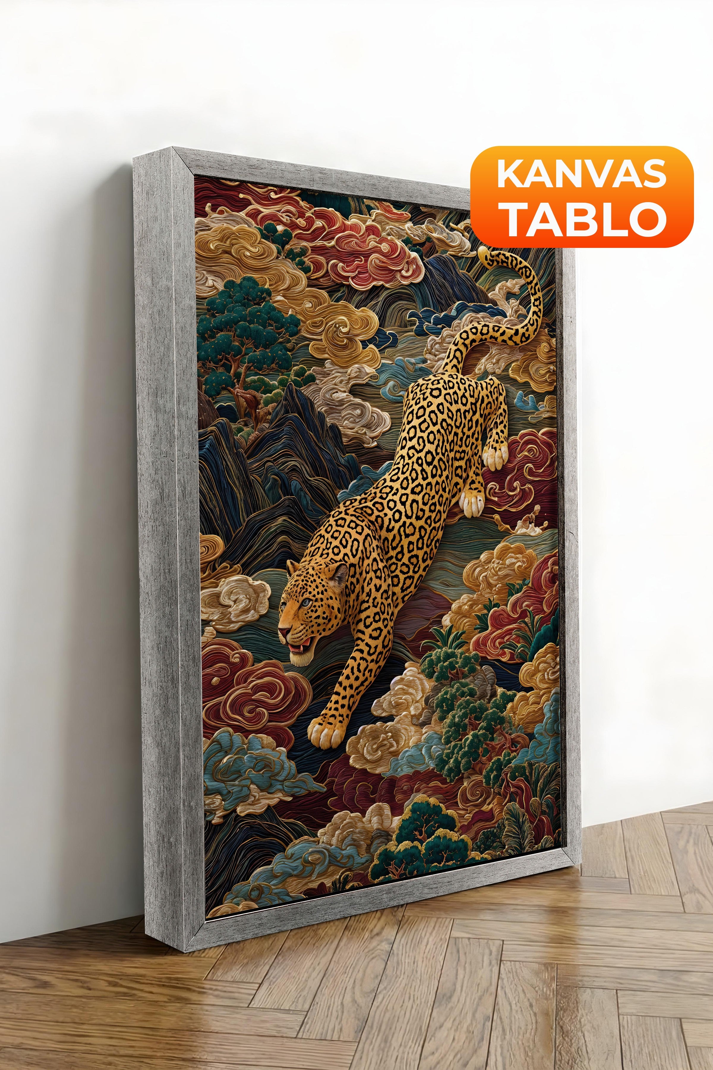 Duvar Tablosu, Lüks Gümüş Çerçeveli Kanvas Tablo, Ritüel Serisi, Leopar Tablo, NO:115247