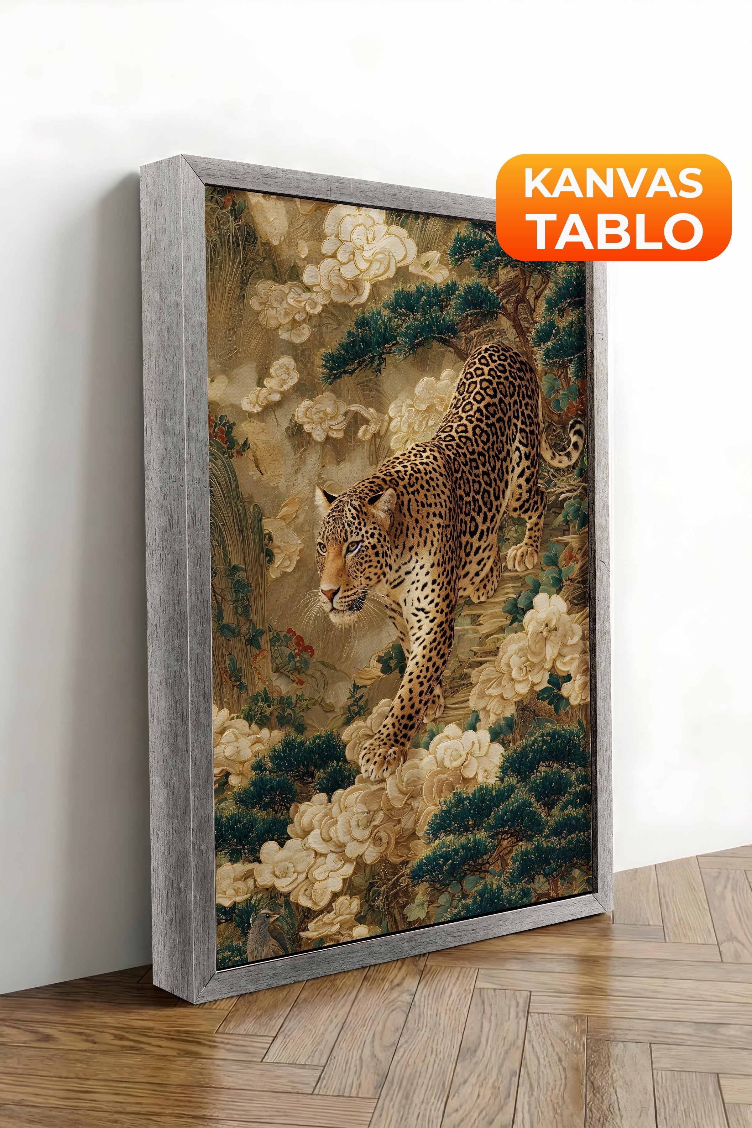 Duvar Tablosu, Lüks Gümüş Çerçeveli Kanvas Tablo, Ritüel Serisi, Leopar Tablo, NO:115251