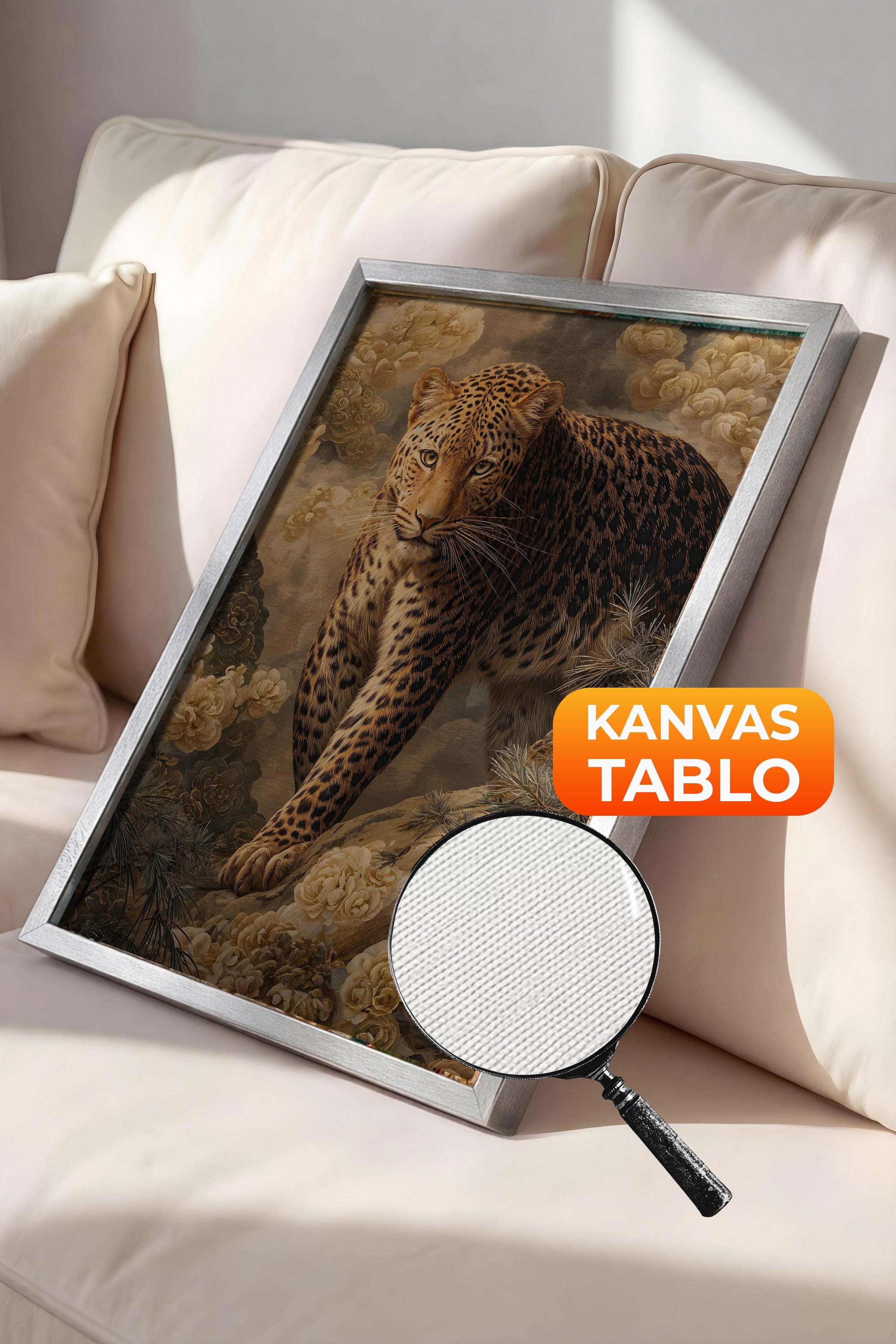 Duvar Tablosu, Lüks Gümüş Çerçeveli Kanvas Tablo, Ritüel Serisi, Leopar Tablo, NO:115254