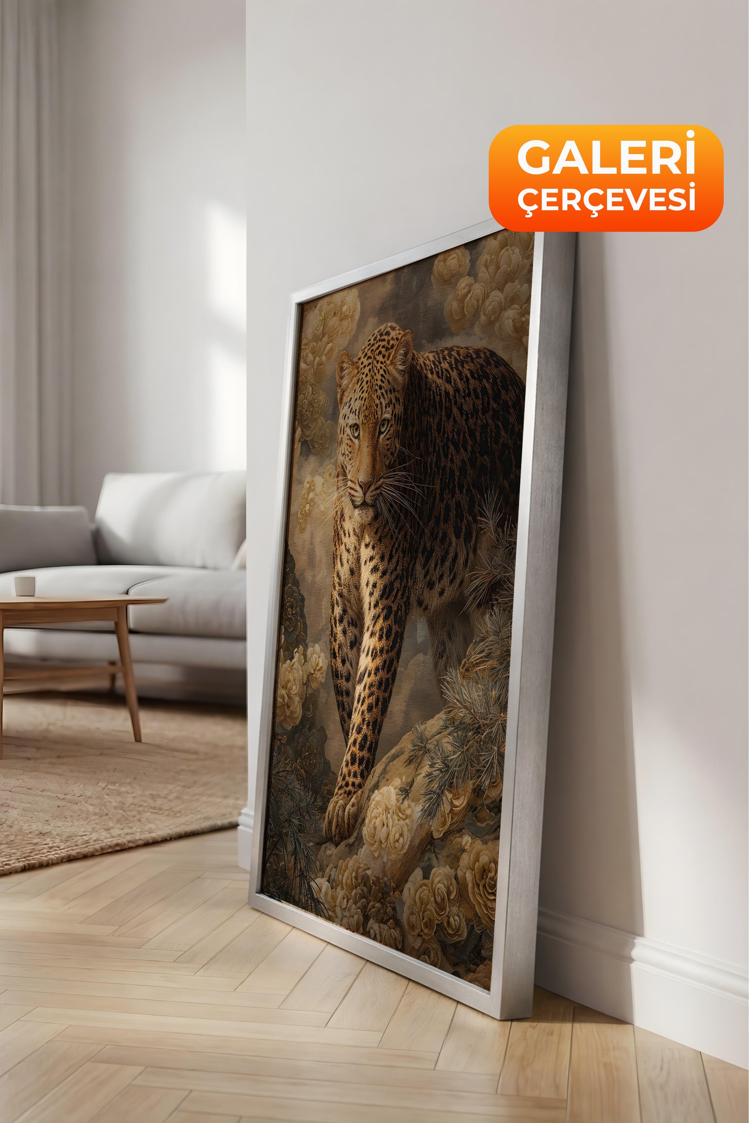 Duvar Tablosu, Lüks Gümüş Çerçeveli Kanvas Tablo, Ritüel Serisi, Leopar Tablo, NO:115254