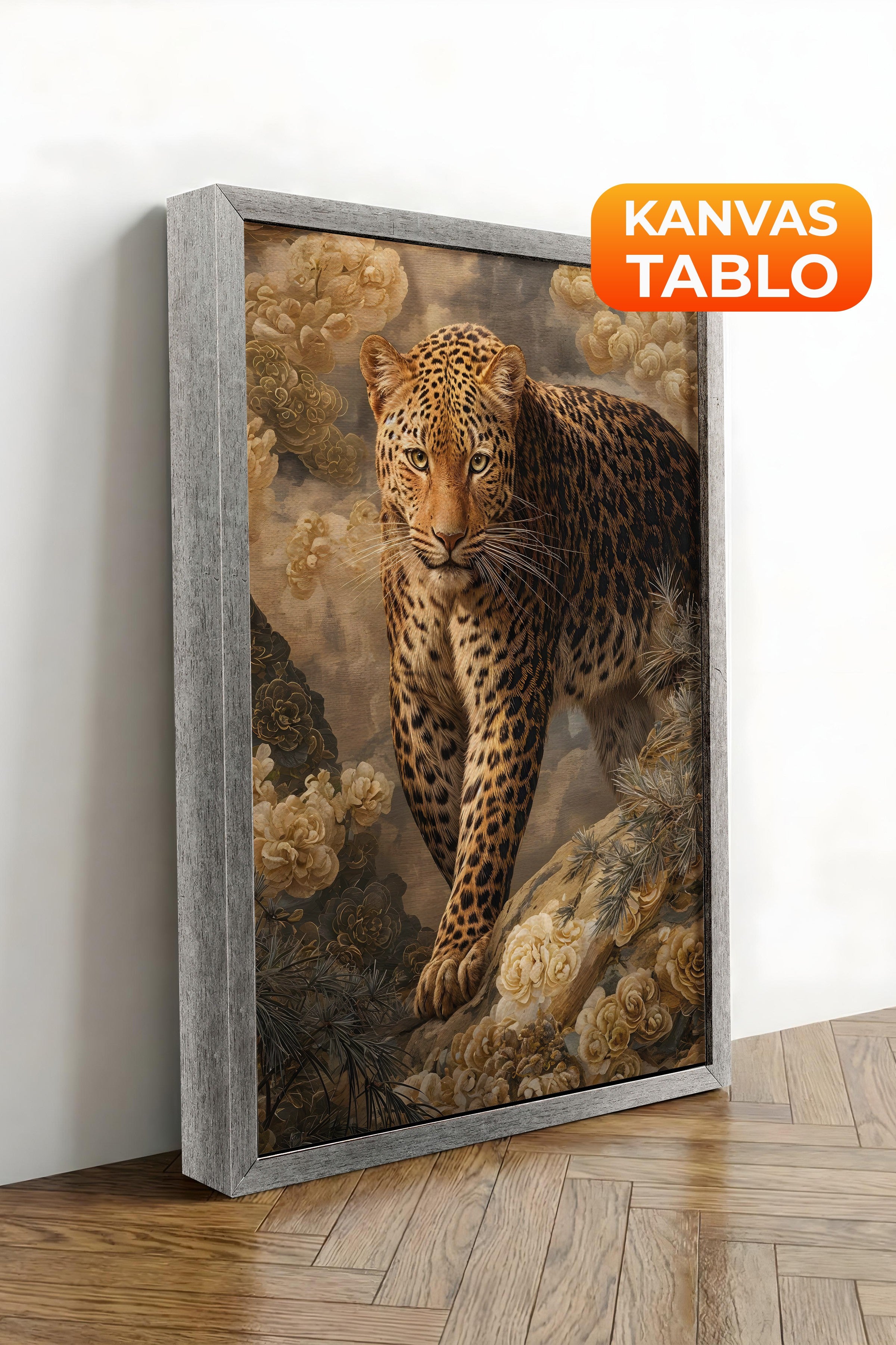 Duvar Tablosu, Lüks Gümüş Çerçeveli Kanvas Tablo, Ritüel Serisi, Leopar Tablo, NO:115254