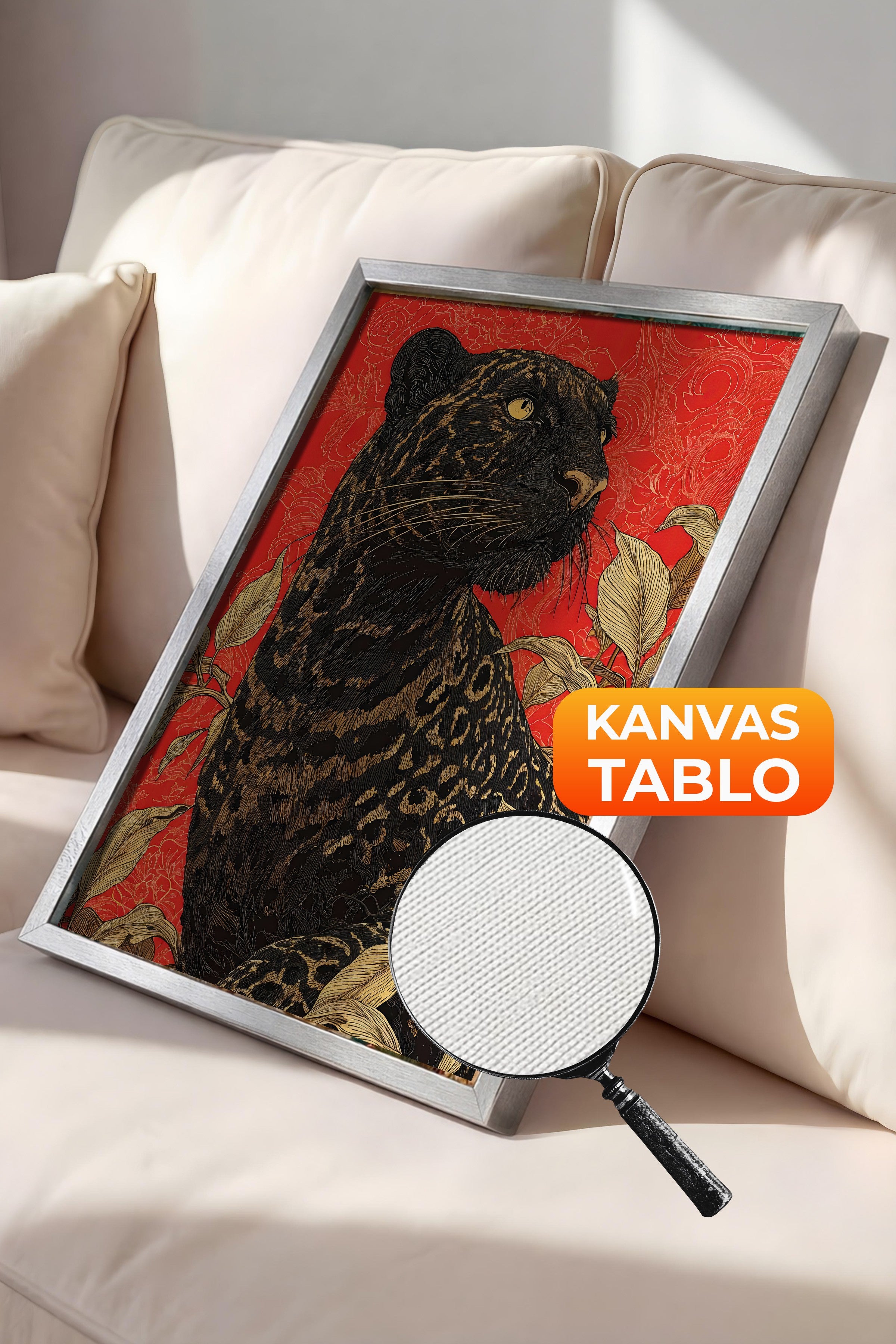 Duvar Tablosu, Lüks Gümüş Çerçeveli Kanvas Tablo, Ritüel Serisi, Leopar Tablo, NO:115265