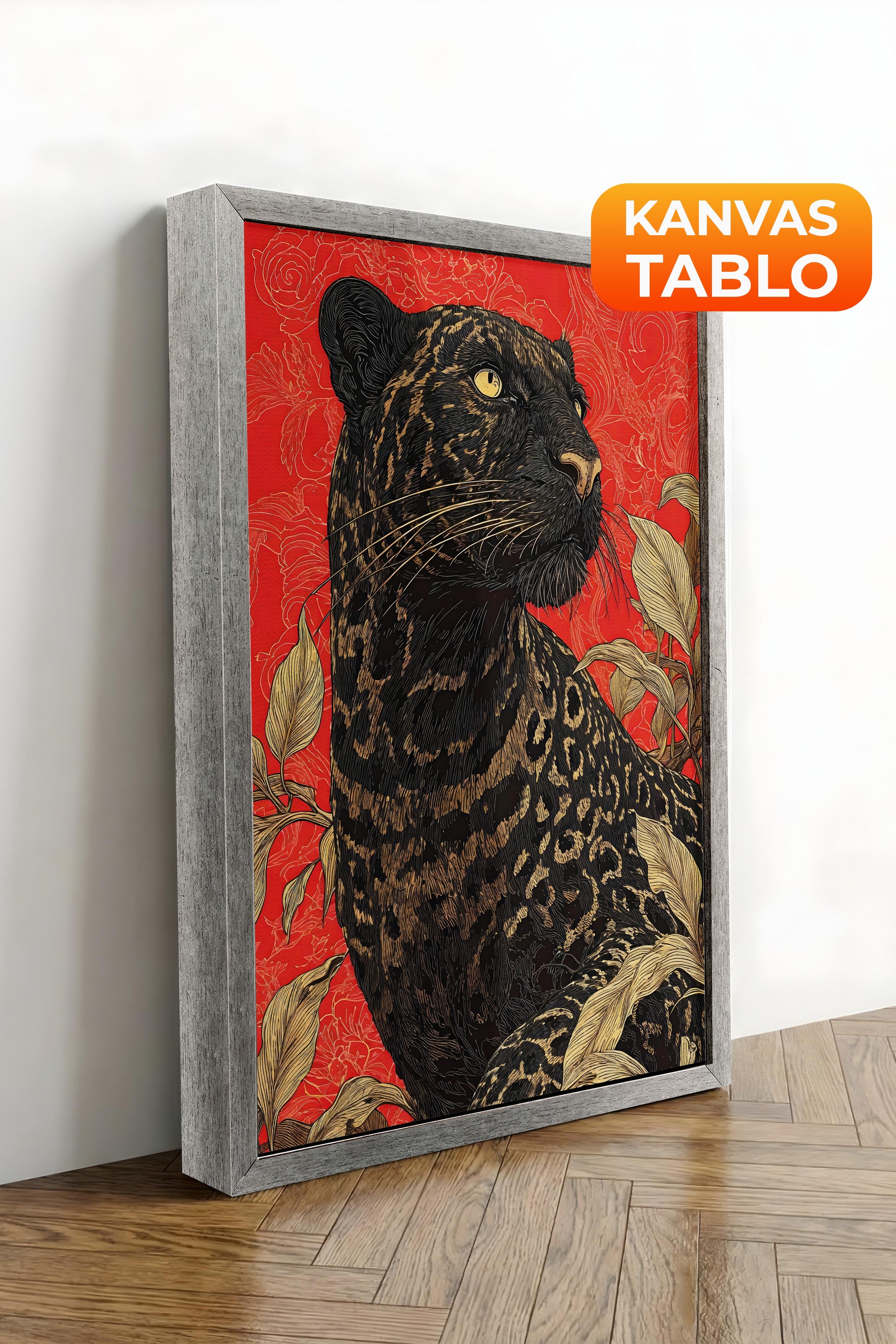 Duvar Tablosu, Lüks Gümüş Çerçeveli Kanvas Tablo, Ritüel Serisi, Leopar Tablo, NO:115265