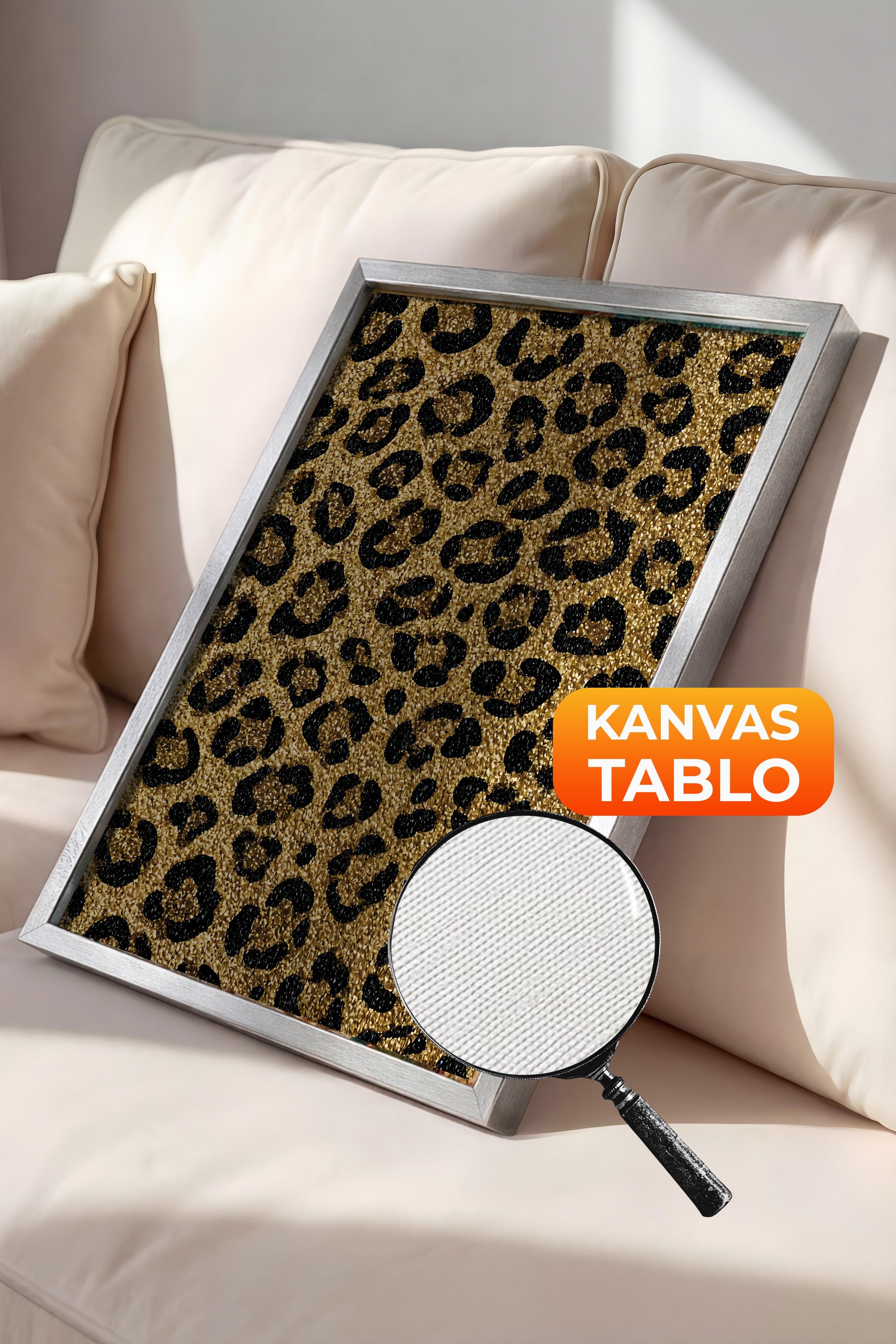 Duvar Tablosu, Lüks Gümüş Çerçeveli Kanvas Tablo, Ritüel Serisi, Leopar Tablo, NO:115266