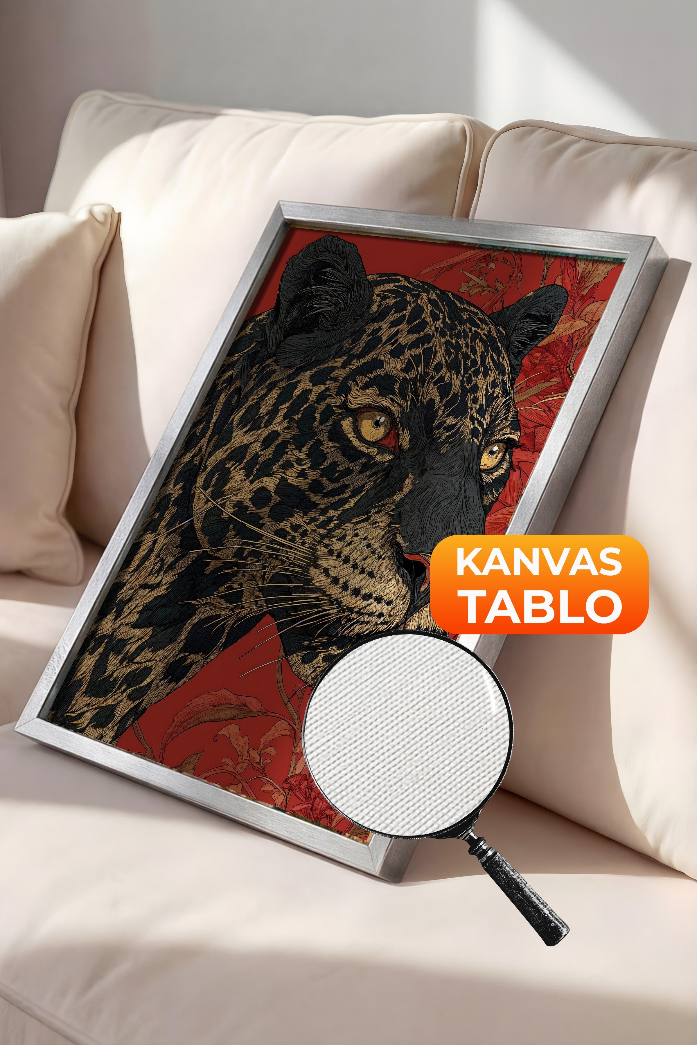 Duvar Tablosu, Lüks Gümüş Çerçeveli Kanvas Tablo, Ritüel Serisi, Leopar Tablo, NO:115268