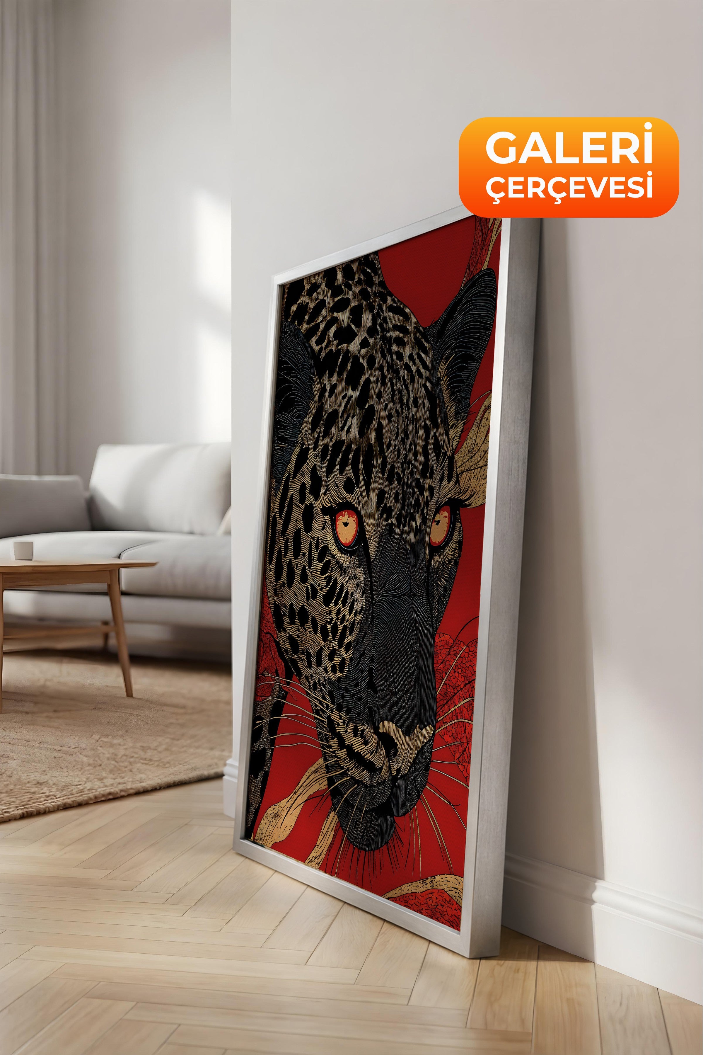 Duvar Tablosu, Lüks Gümüş Çerçeveli Kanvas Tablo, Ritüel Serisi, Leopar Tablo, NO:115270