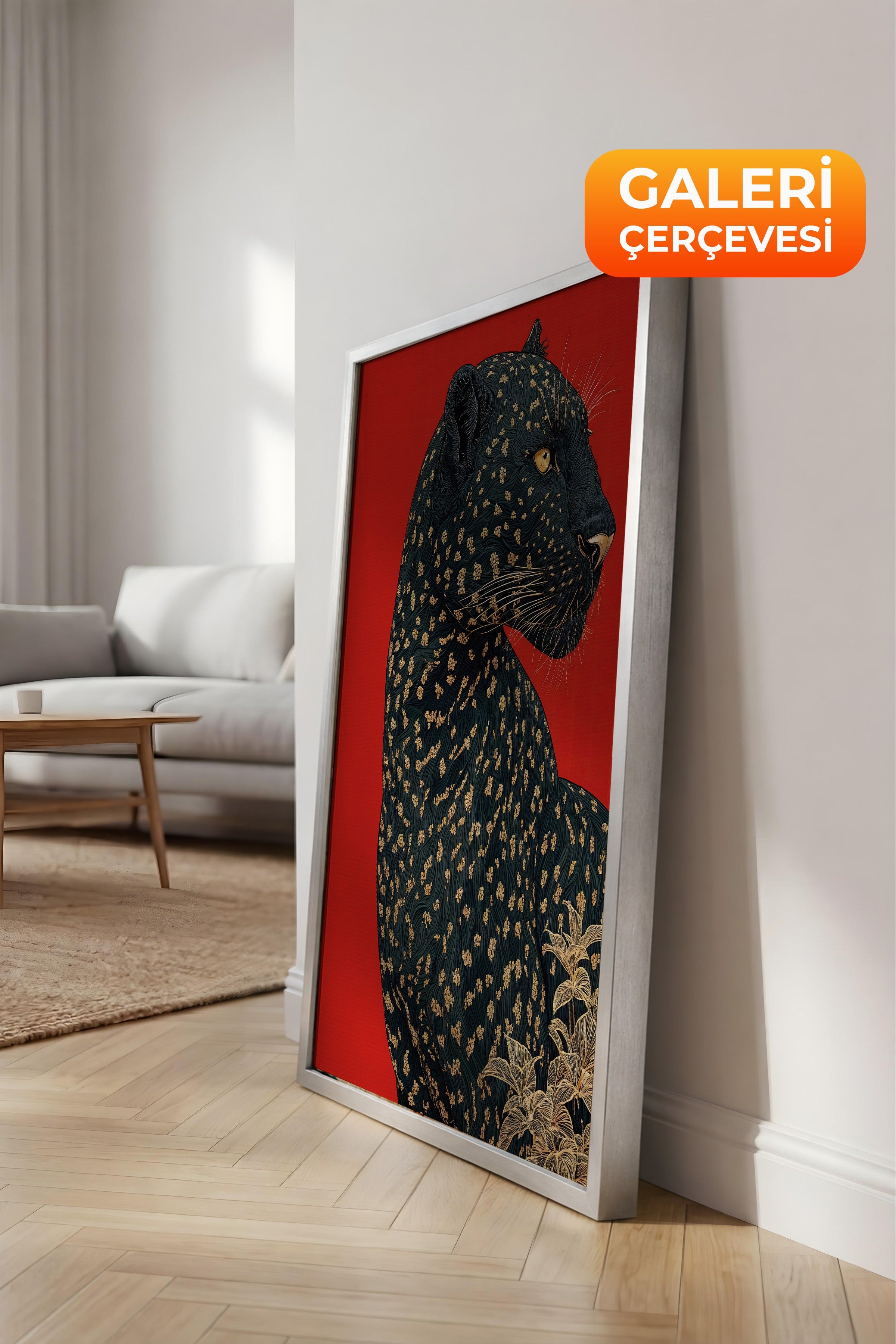 Duvar Tablosu, Lüks Gümüş Çerçeveli Kanvas Tablo, Ritüel Serisi, Leopar Tablo, NO:115272