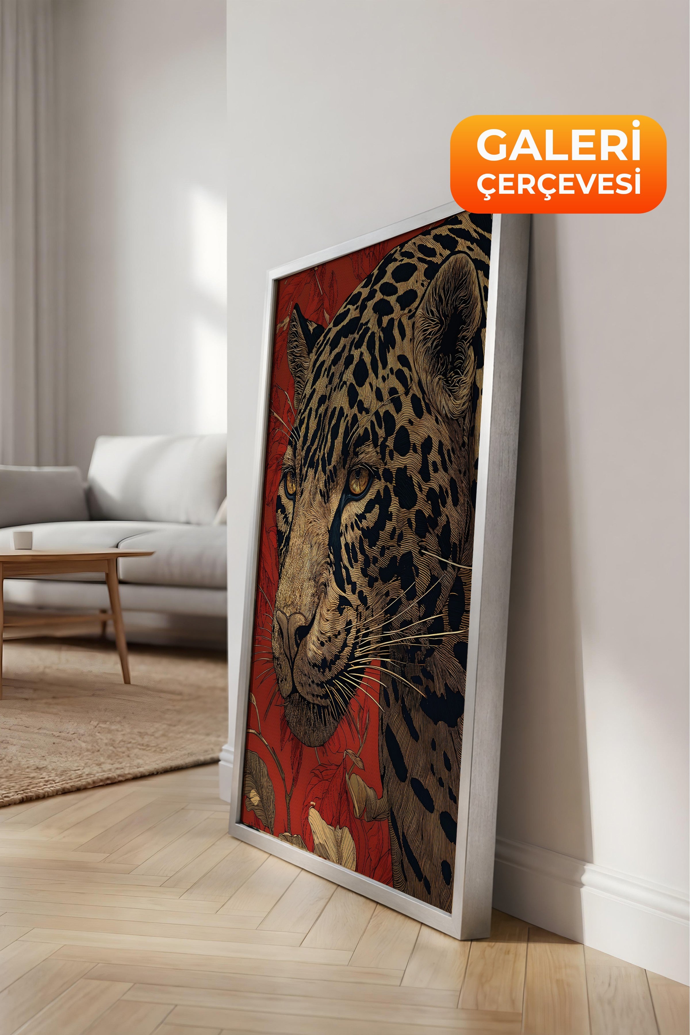 Duvar Tablosu, Lüks Gümüş Çerçeveli Kanvas Tablo, Ritüel Serisi, Leopar Tablo, NO:115273