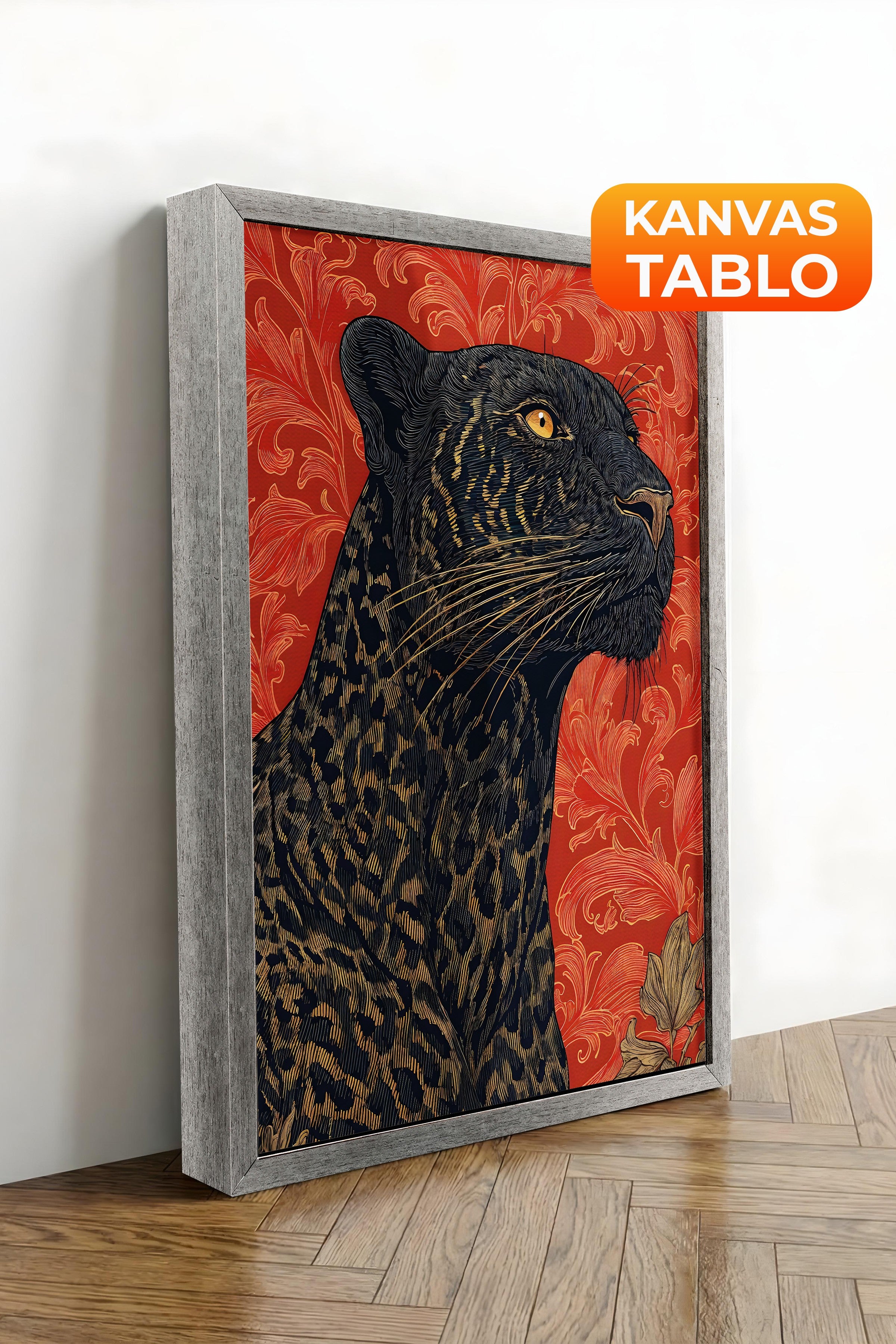 Duvar Tablosu, Lüks Gümüş Çerçeveli Kanvas Tablo, Ritüel Serisi, Leopar Tablo, NO:115274