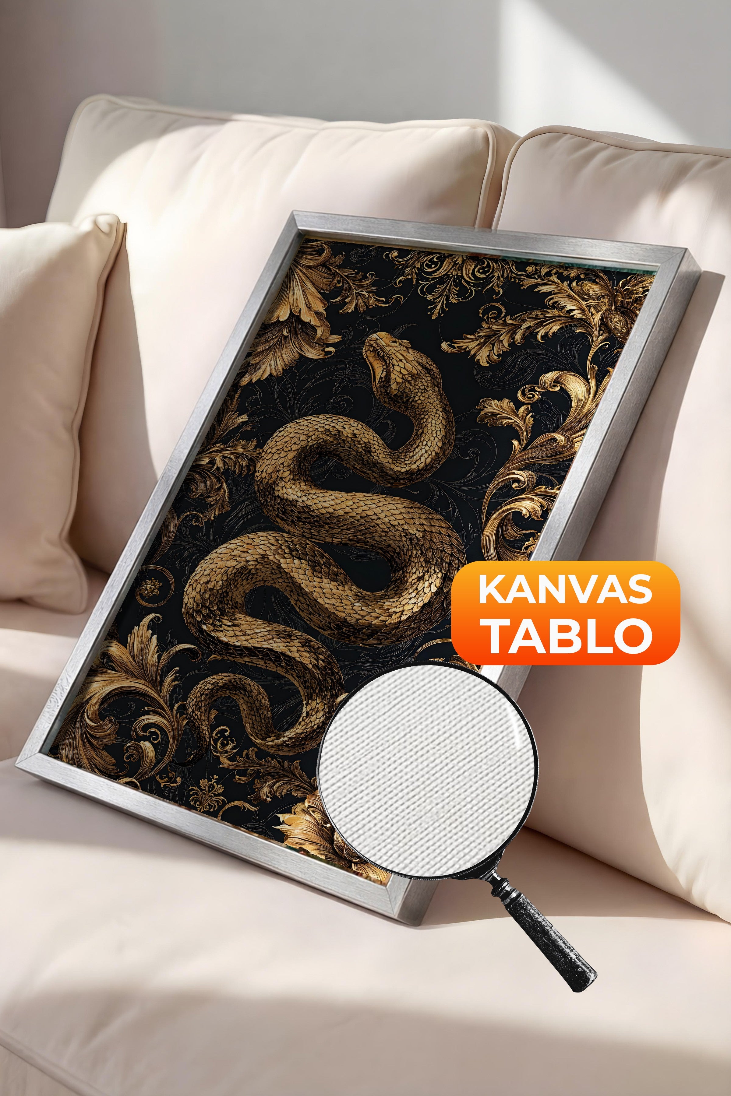 Duvar Tablosu, Lüks Gümüş Çerçeveli Kanvas Tablo, Ritüel Serisi, Yılan Tablo, NO:115249