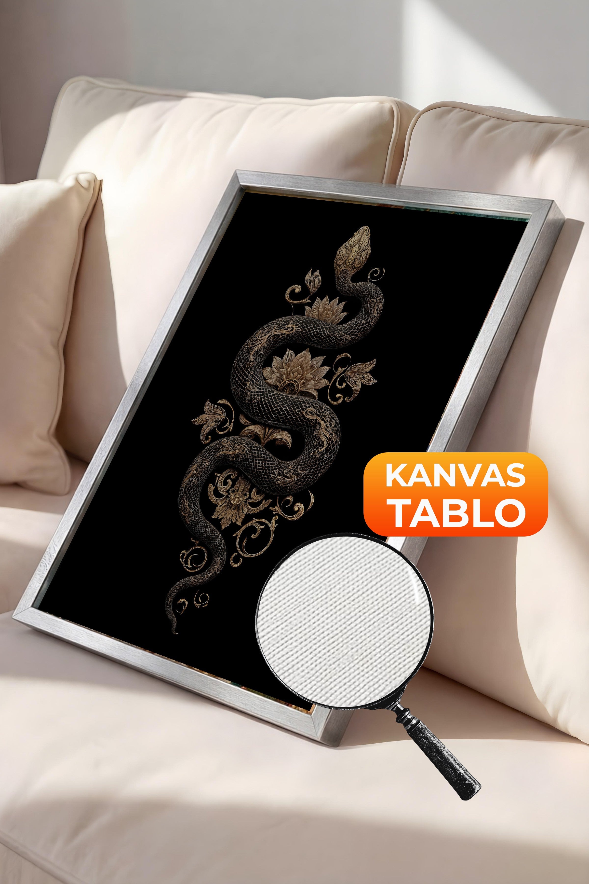 Duvar Tablosu, Lüks Gümüş Çerçeveli Kanvas Tablo, Ritüel Serisi, Yılan Tablo, NO:115259