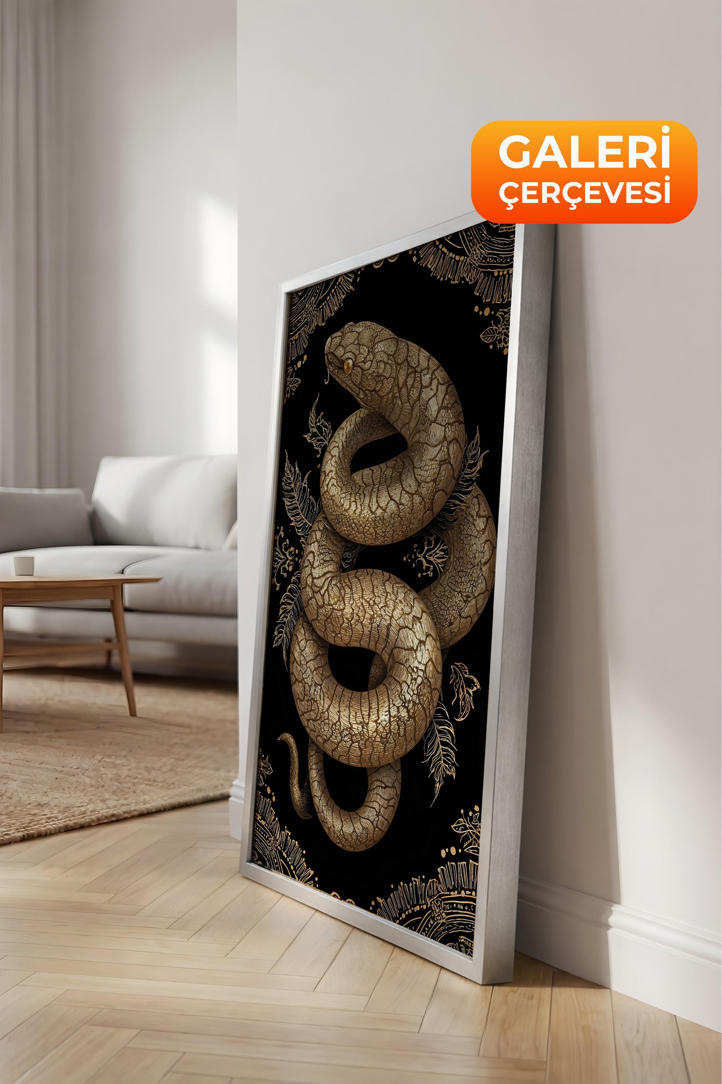 Duvar Tablosu, Lüks Gümüş Çerçeveli Kanvas Tablo, Ritüel Serisi, Yılan Tablo, NO:115271