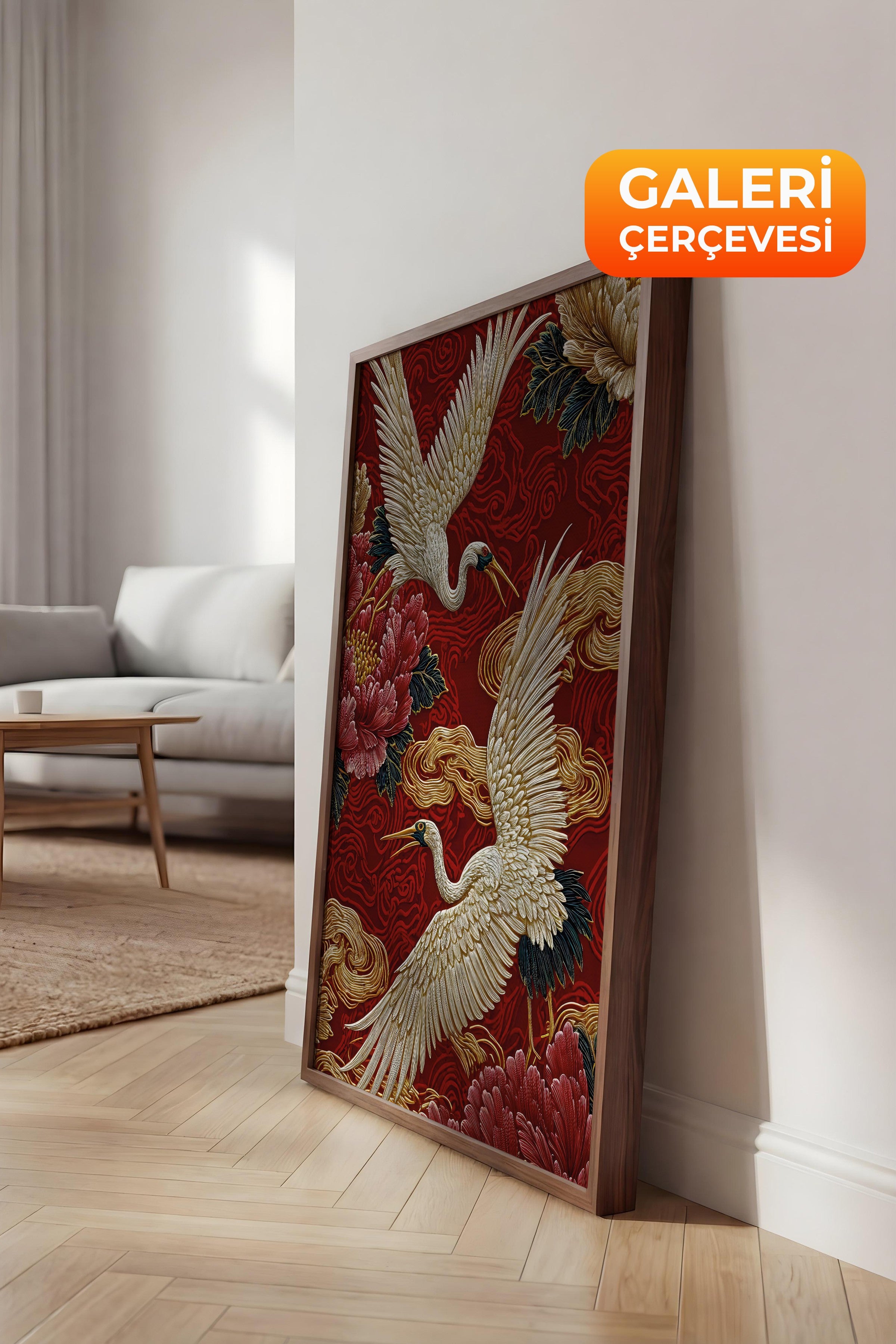Duvar Tablosu, Lüks Kahverengi Çerçeveli Kanvas Tablo, Ritüel Serisi, Kuş Tablo, NO:115248