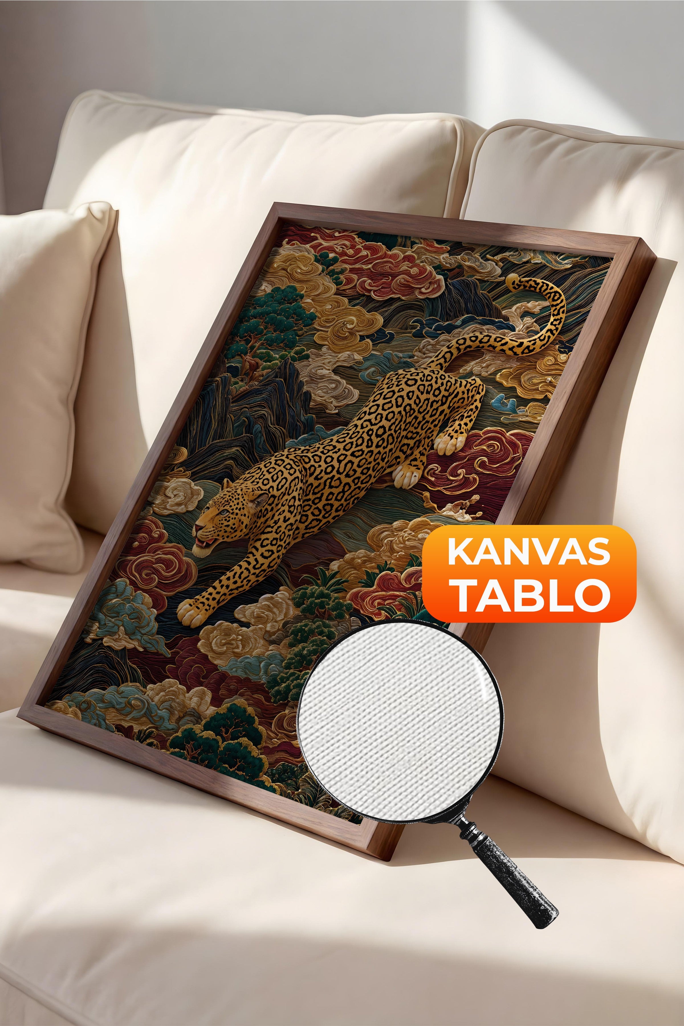 Duvar Tablosu, Lüks Kahverengi Çerçeveli Kanvas Tablo, Ritüel Serisi, Leopar Tablo, NO:115247