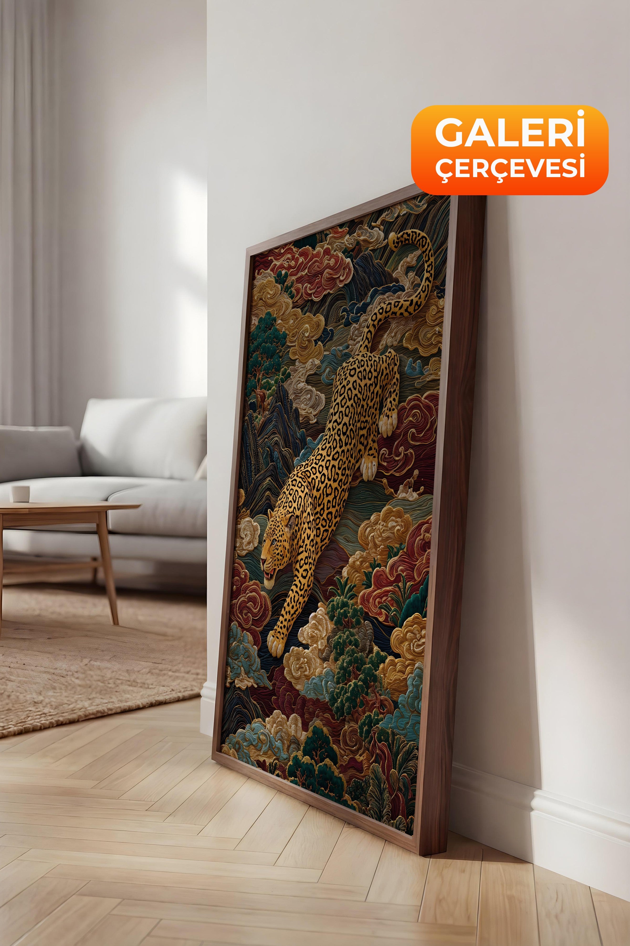 Duvar Tablosu, Lüks Kahverengi Çerçeveli Kanvas Tablo, Ritüel Serisi, Leopar Tablo, NO:115247