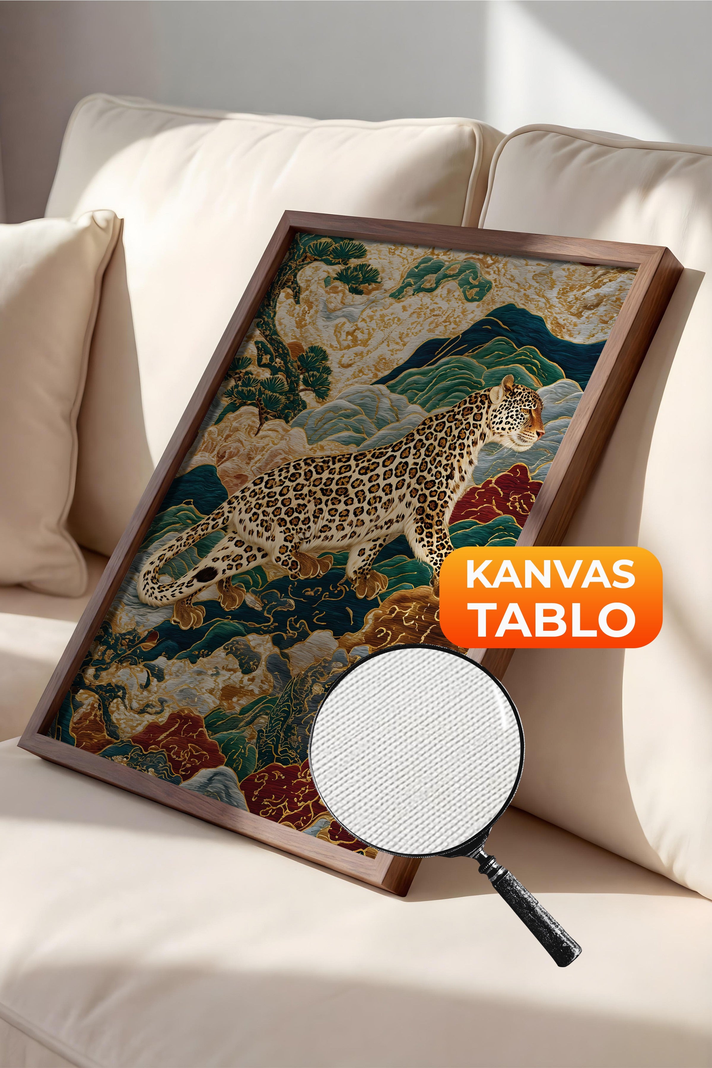 Duvar Tablosu, Lüks Kahverengi Çerçeveli Kanvas Tablo, Ritüel Serisi, Leopar Tablo, NO:115250