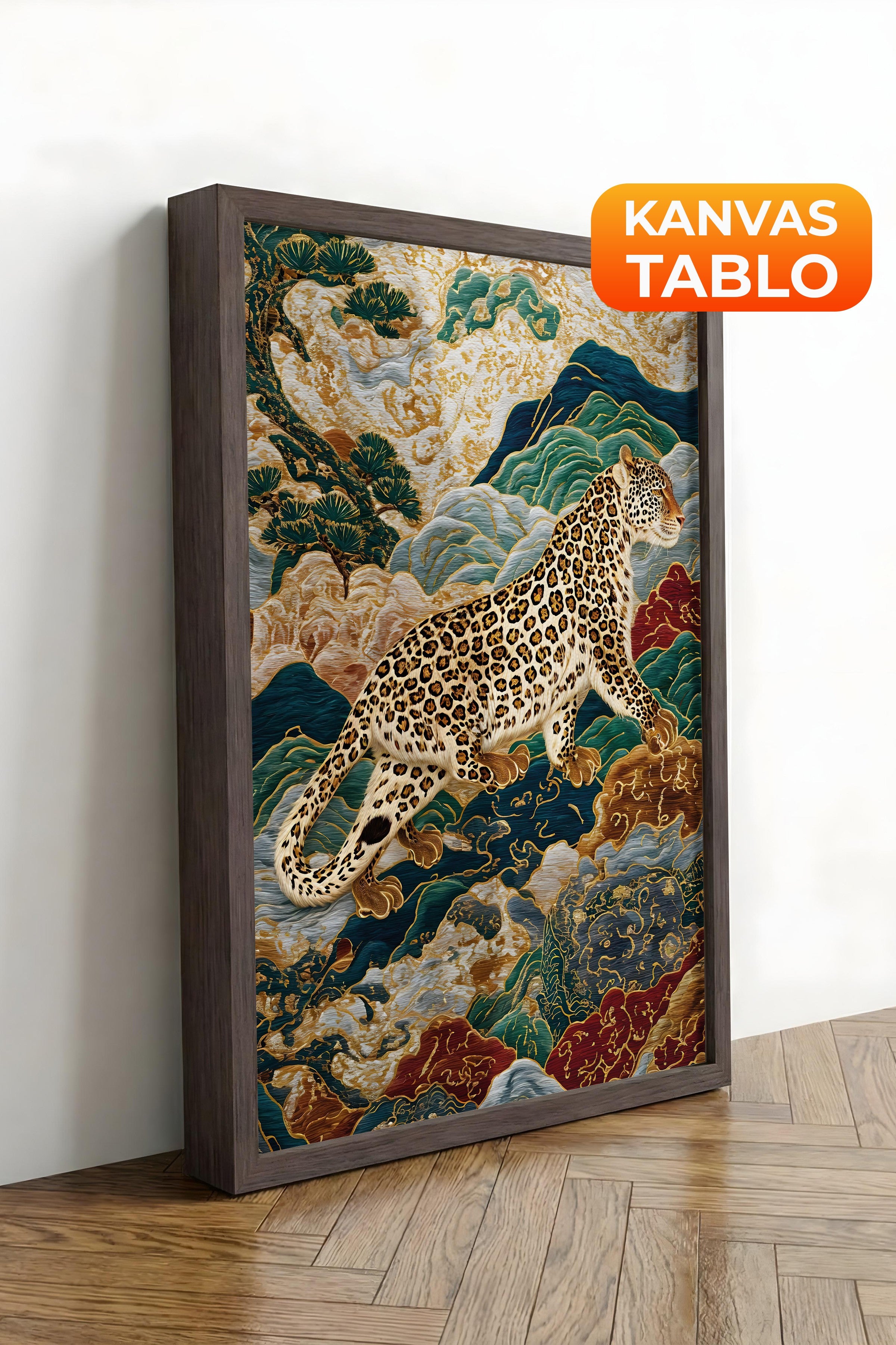 Duvar Tablosu, Lüks Kahverengi Çerçeveli Kanvas Tablo, Ritüel Serisi, Leopar Tablo, NO:115250
