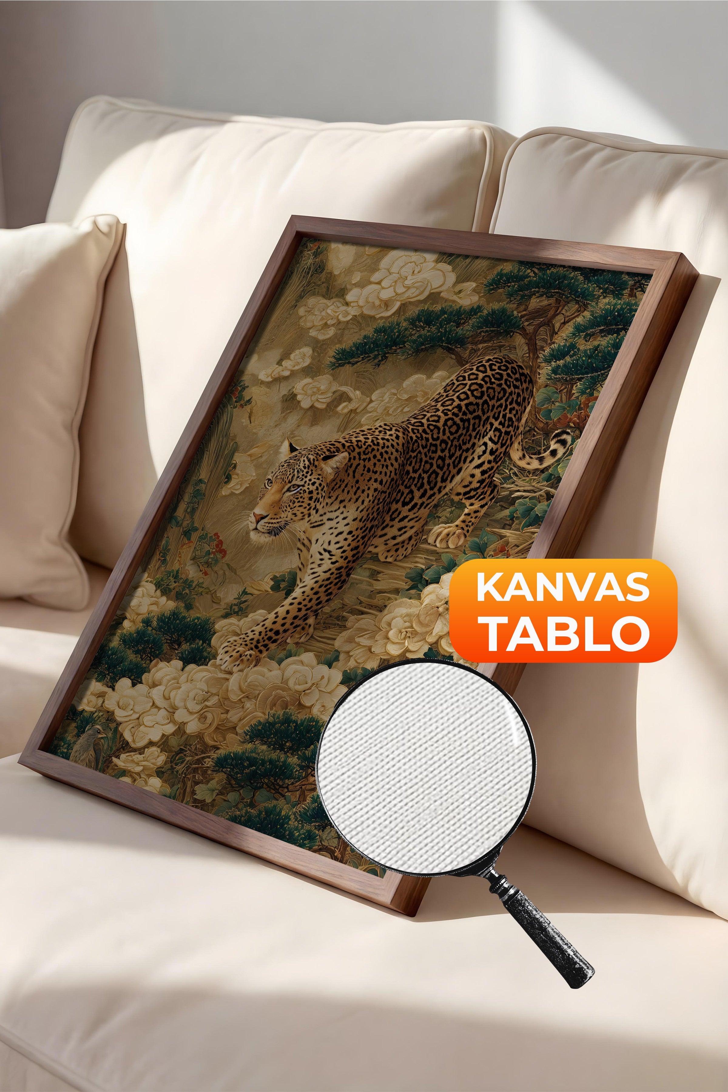 Duvar Tablosu, Lüks Kahverengi Çerçeveli Kanvas Tablo, Ritüel Serisi, Leopar Tablo, NO:115251