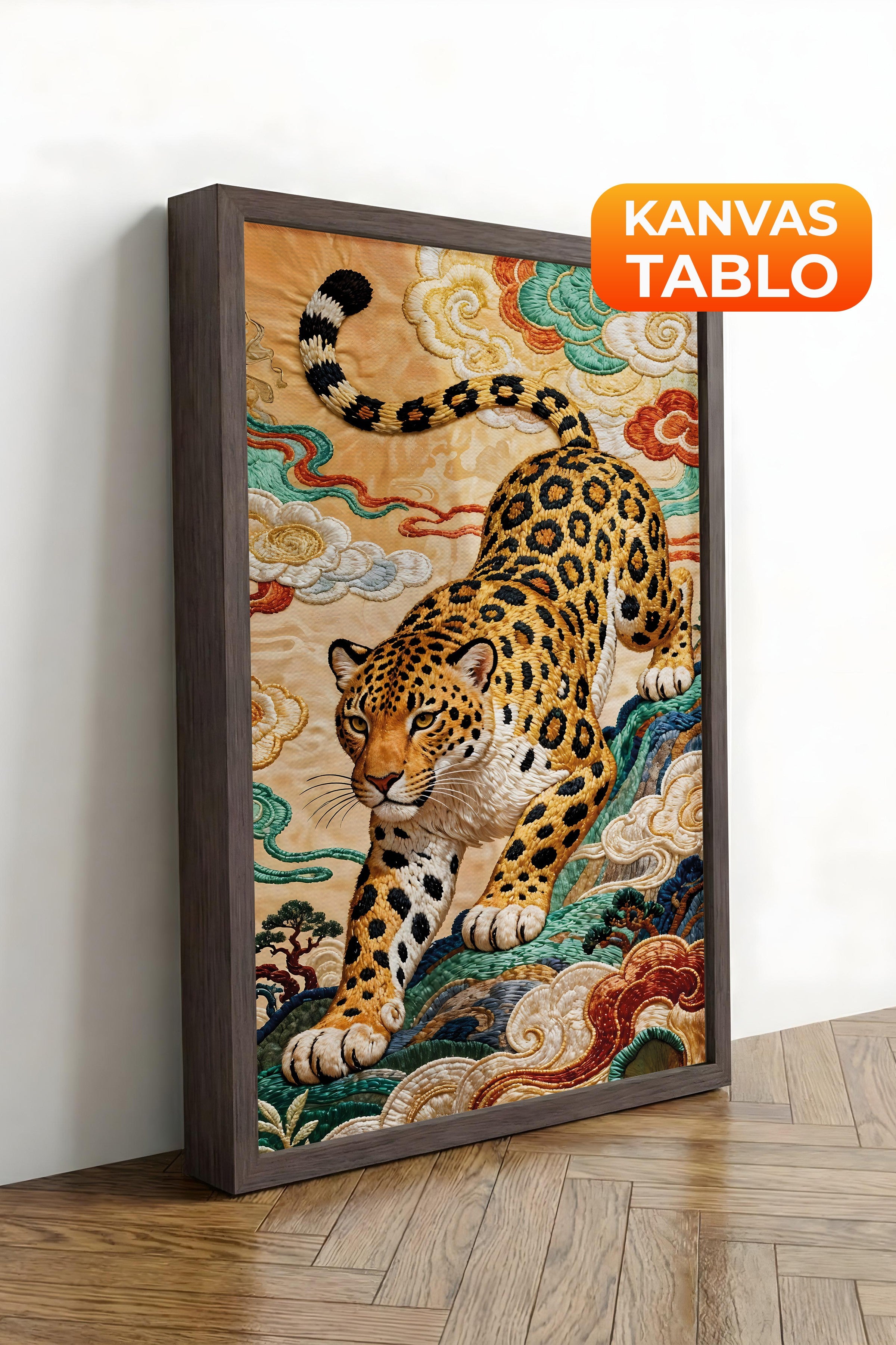 Duvar Tablosu, Lüks Kahverengi Çerçeveli Kanvas Tablo, Ritüel Serisi, Leopar Tablo, NO:115253