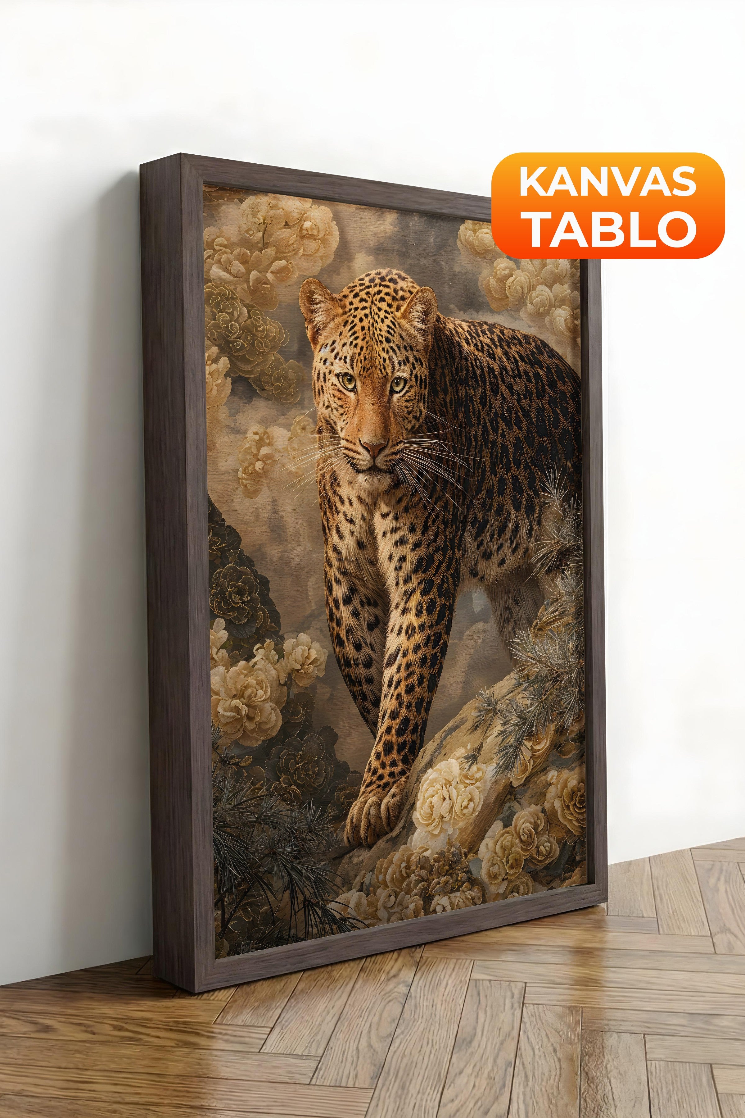 Duvar Tablosu, Lüks Kahverengi Çerçeveli Kanvas Tablo, Ritüel Serisi, Leopar Tablo, NO:115254