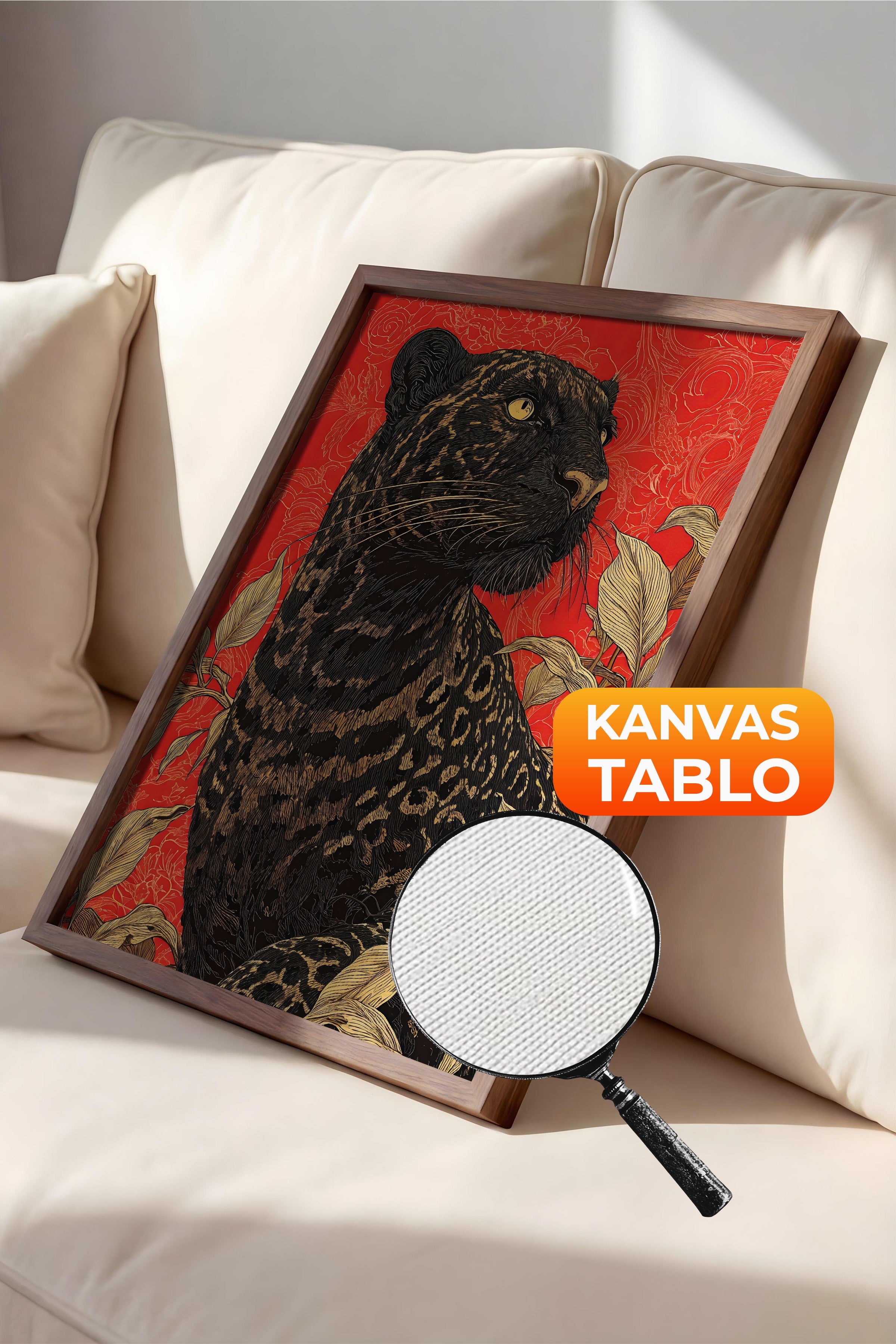Duvar Tablosu, Lüks Kahverengi Çerçeveli Kanvas Tablo, Ritüel Serisi, Leopar Tablo, NO:115265