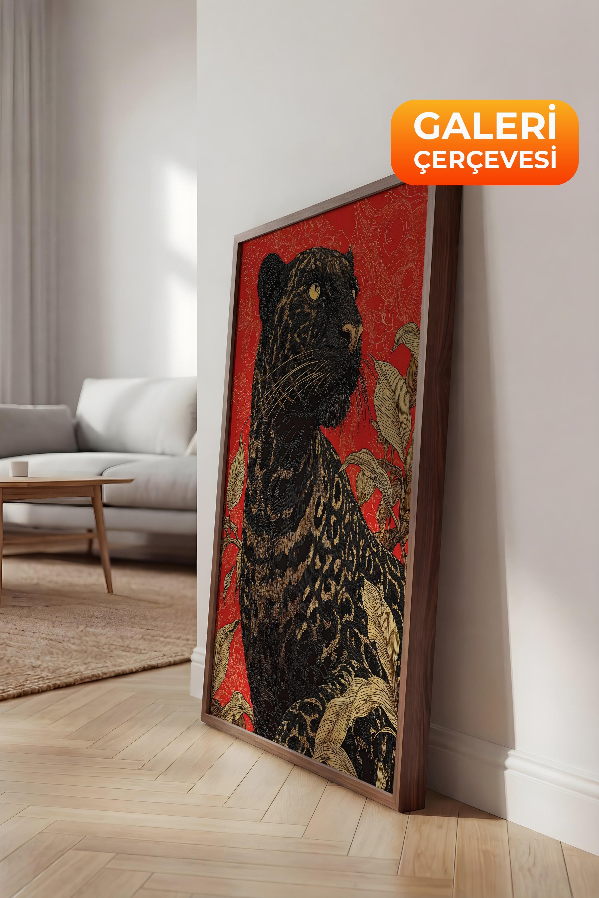 Duvar Tablosu, Lüks Kahverengi Çerçeveli Kanvas Tablo, Ritüel Serisi, Leopar Tablo, NO:115265