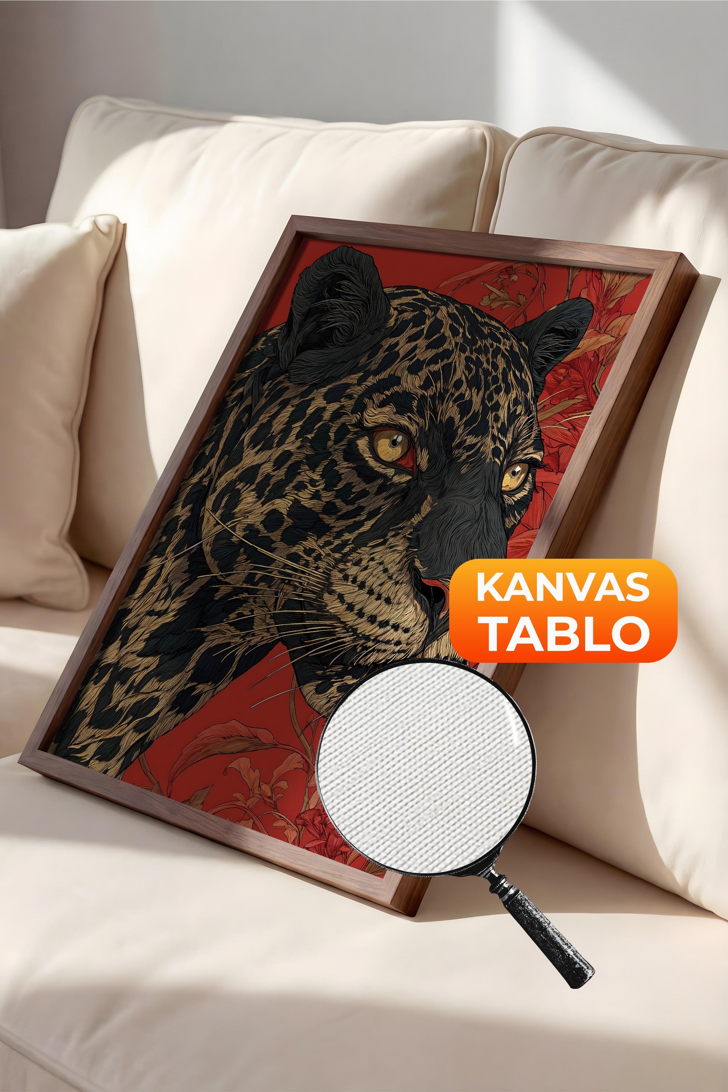 Duvar Tablosu, Lüks Kahverengi Çerçeveli Kanvas Tablo, Ritüel Serisi, Leopar Tablo, NO:115268