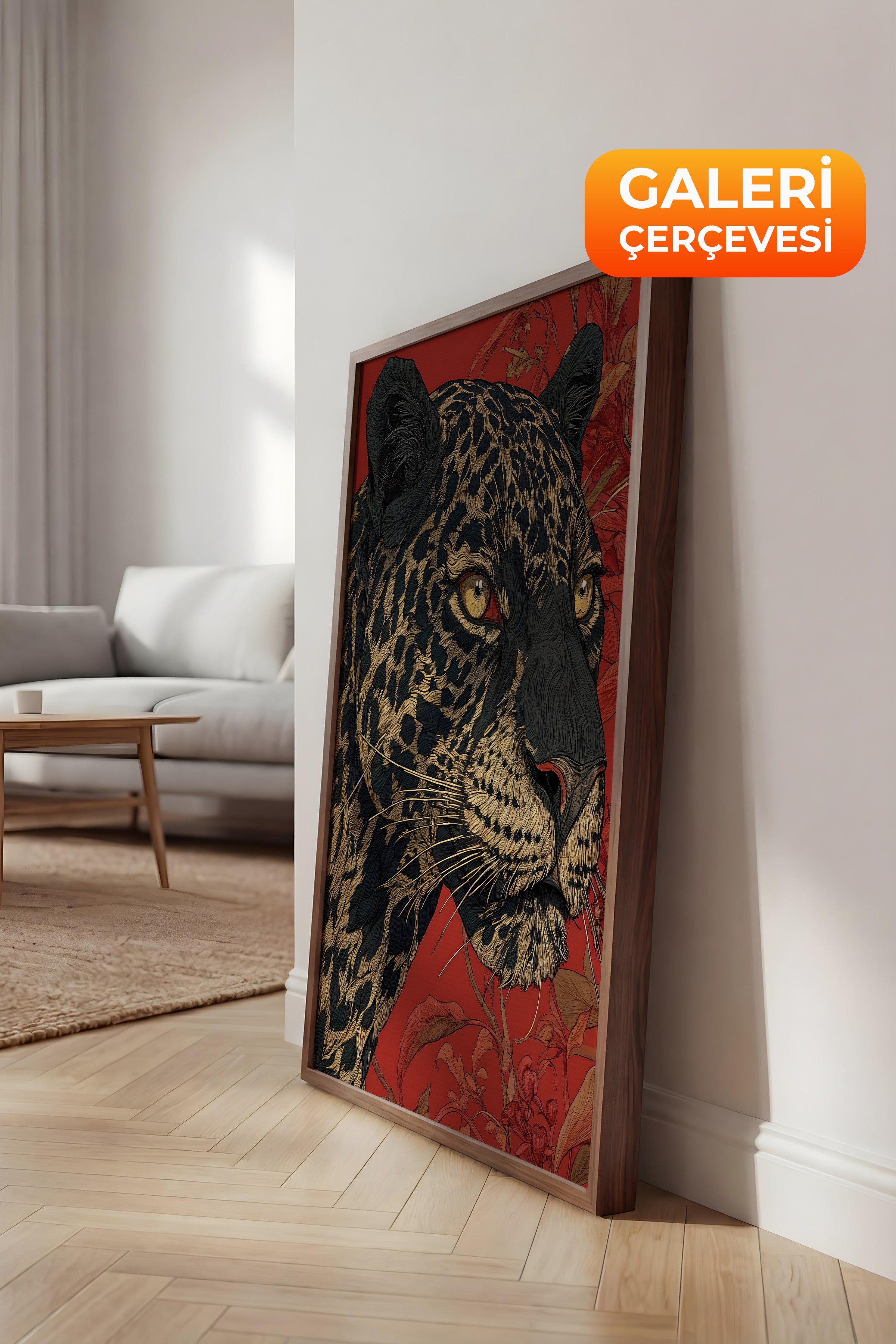 Duvar Tablosu, Lüks Kahverengi Çerçeveli Kanvas Tablo, Ritüel Serisi, Leopar Tablo, NO:115268