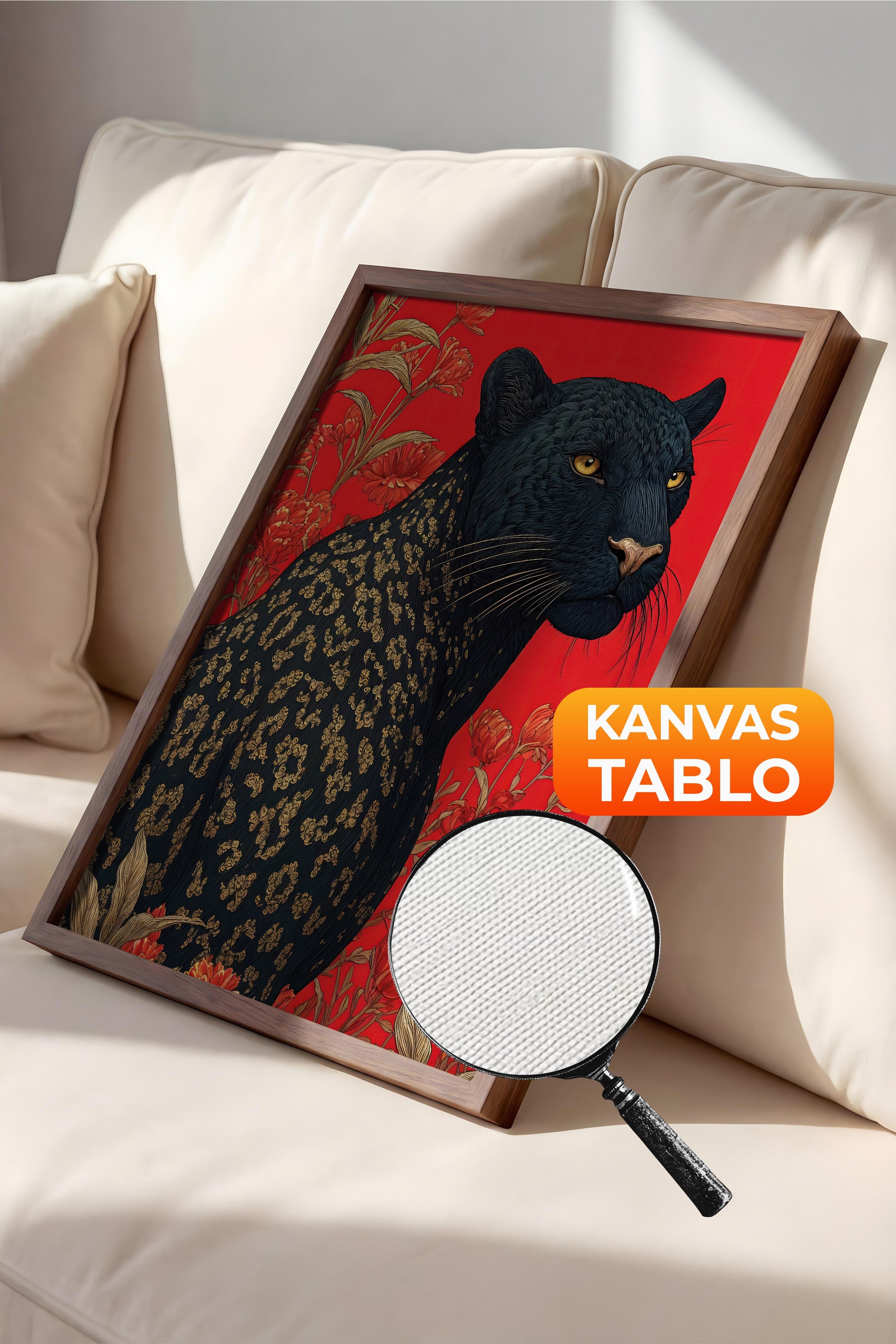 Duvar Tablosu, Lüks Kahverengi Çerçeveli Kanvas Tablo, Ritüel Serisi, Leopar Tablo, NO:115269