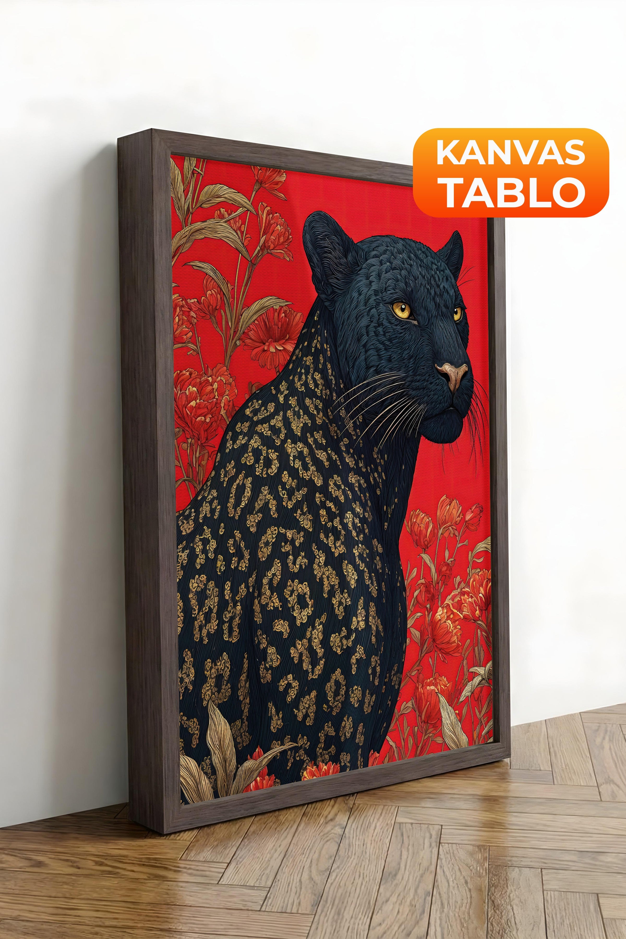Duvar Tablosu, Lüks Kahverengi Çerçeveli Kanvas Tablo, Ritüel Serisi, Leopar Tablo, NO:115269