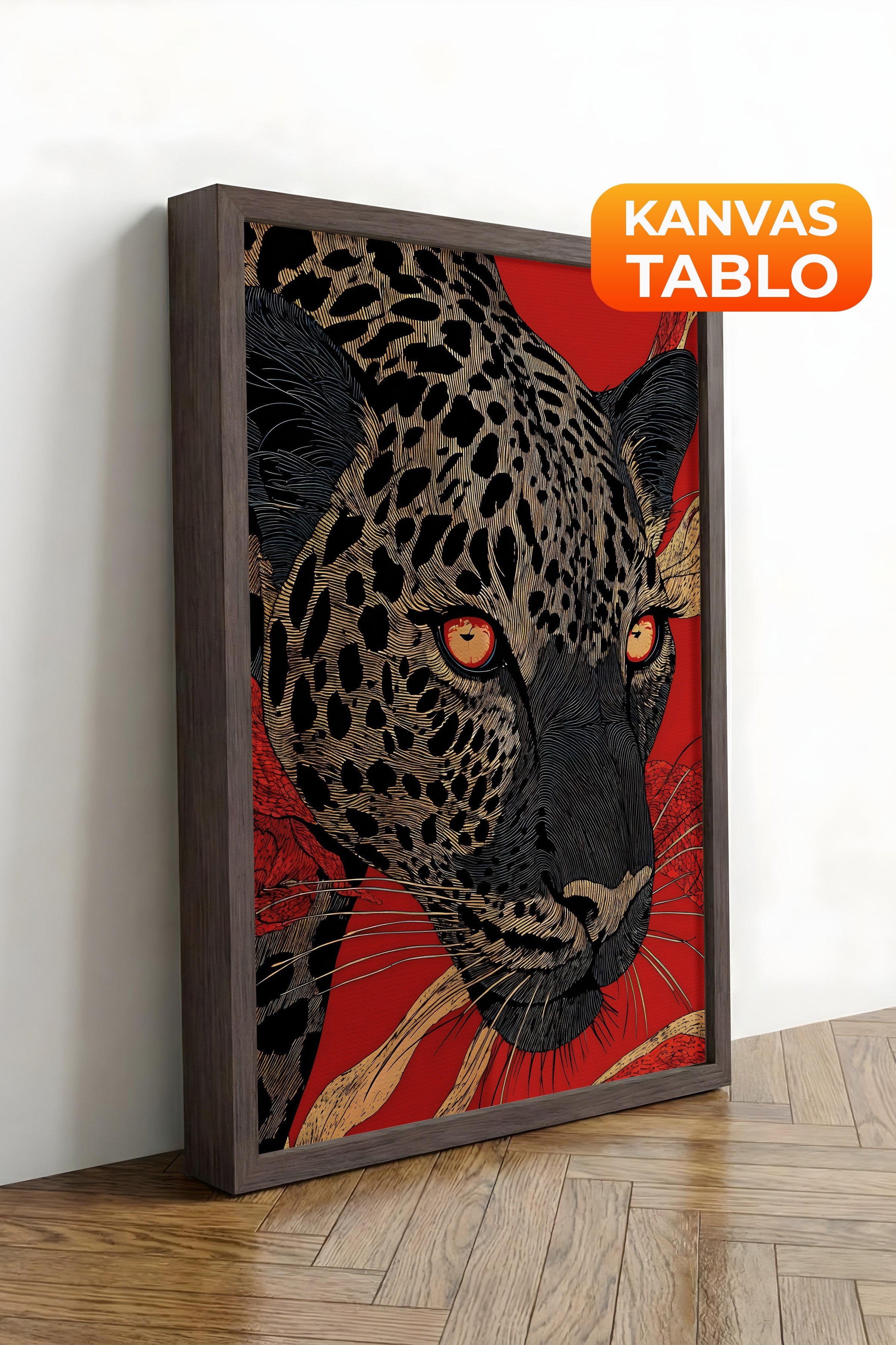 Duvar Tablosu, Lüks Kahverengi Çerçeveli Kanvas Tablo, Ritüel Serisi, Leopar Tablo, NO:115270
