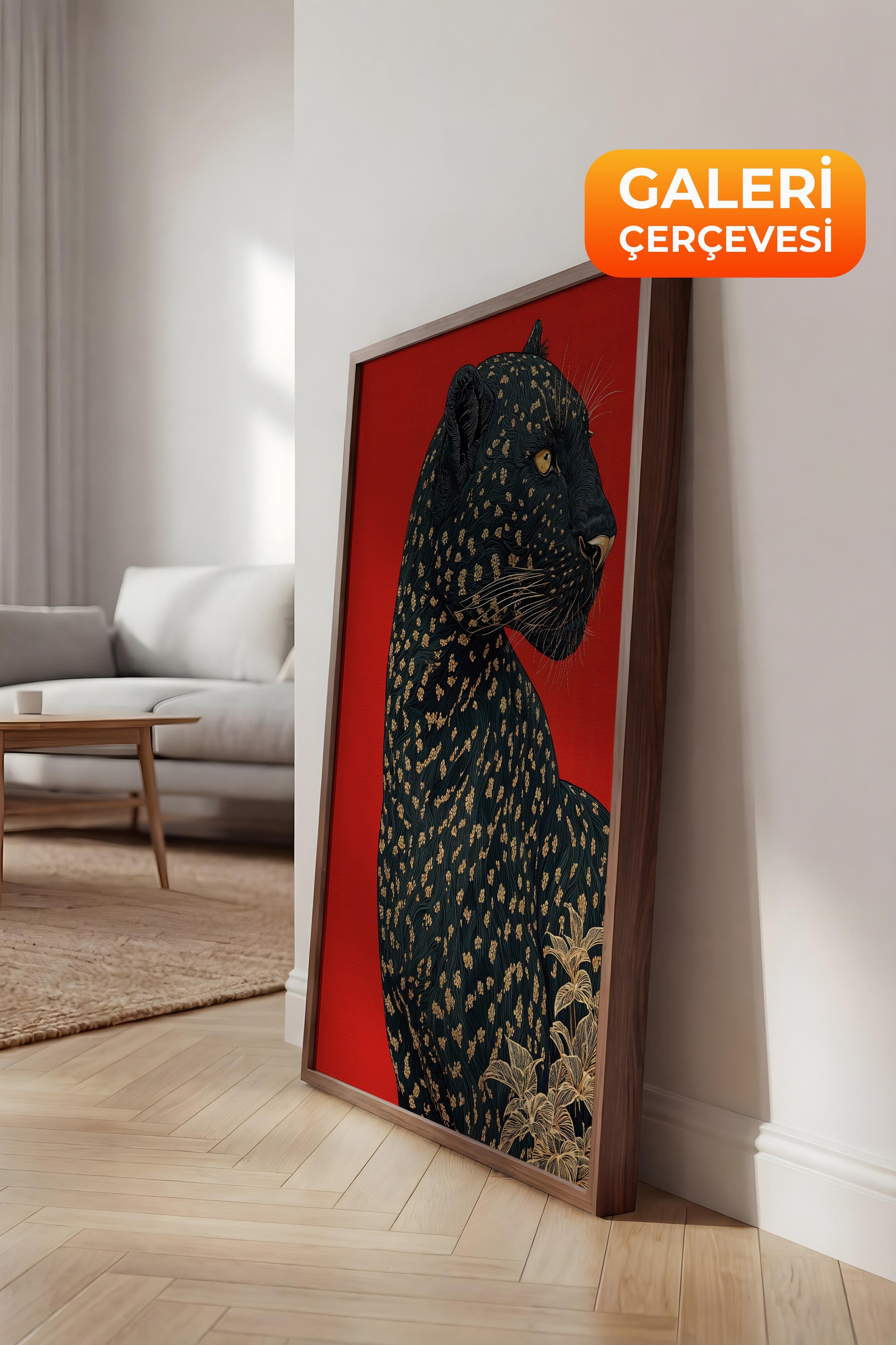 Duvar Tablosu, Lüks Kahverengi Çerçeveli Kanvas Tablo, Ritüel Serisi, Leopar Tablo, NO:115272