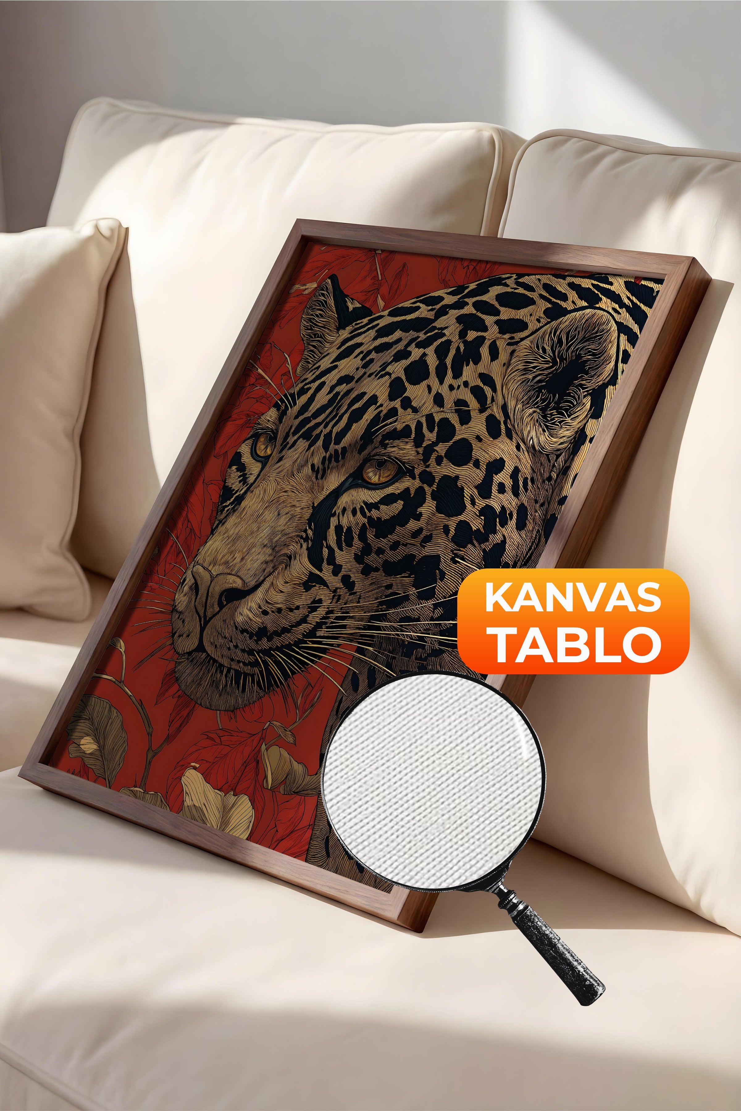 Duvar Tablosu, Lüks Kahverengi Çerçeveli Kanvas Tablo, Ritüel Serisi, Leopar Tablo, NO:115273