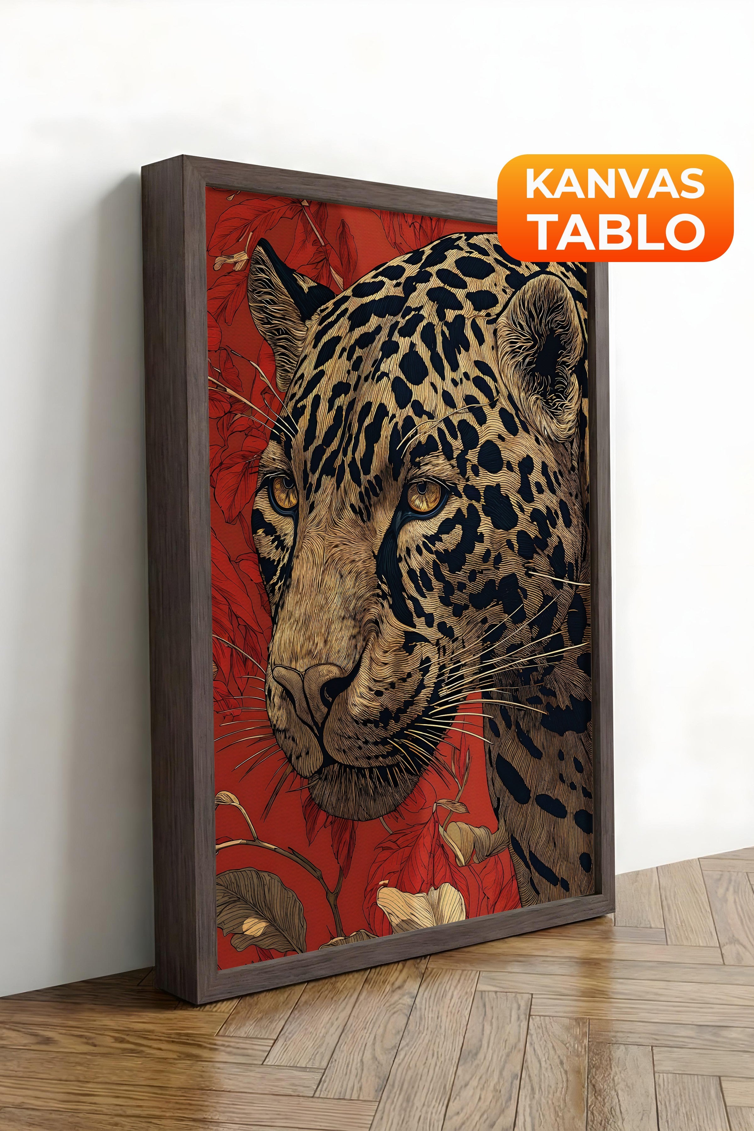 Duvar Tablosu, Lüks Kahverengi Çerçeveli Kanvas Tablo, Ritüel Serisi, Leopar Tablo, NO:115273
