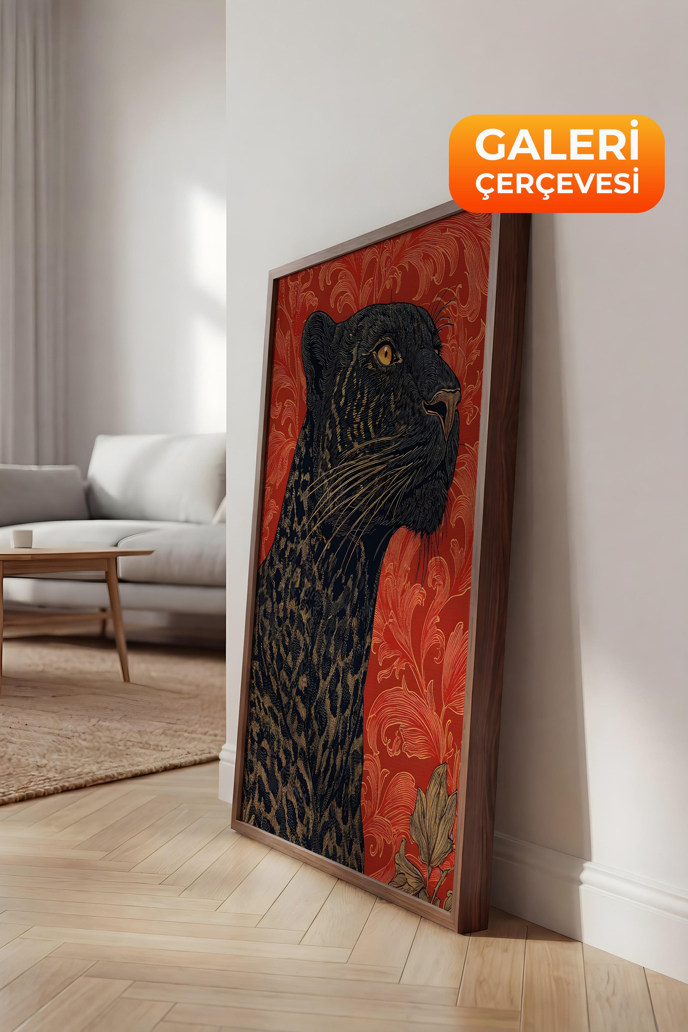 Duvar Tablosu, Lüks Kahverengi Çerçeveli Kanvas Tablo, Ritüel Serisi, Leopar Tablo, NO:115274