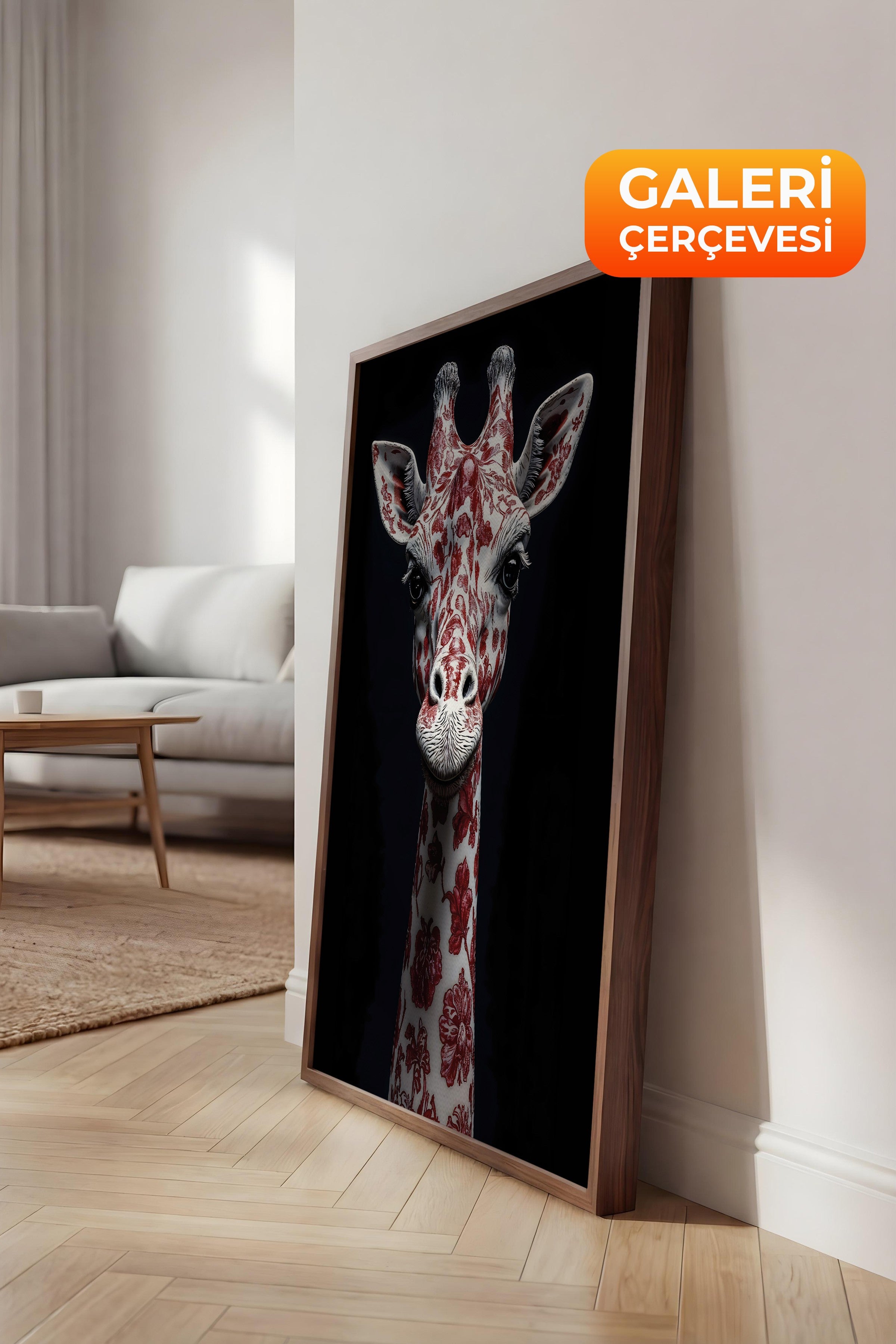 Duvar Tablosu, Lüks Kahverengi Çerçeveli Kanvas Tablo, Ritüel Serisi, Zürafa Tablo, NO:115258